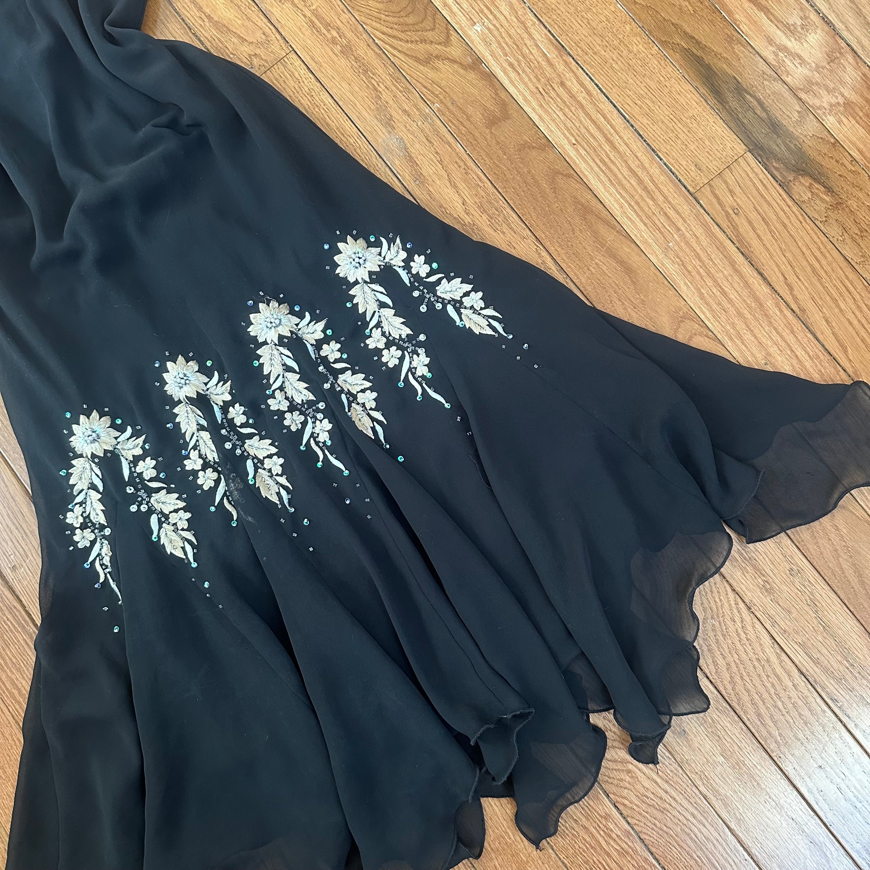 Vintage 2000s Black Flutter Sleeve Embroidered Mermaid Dress