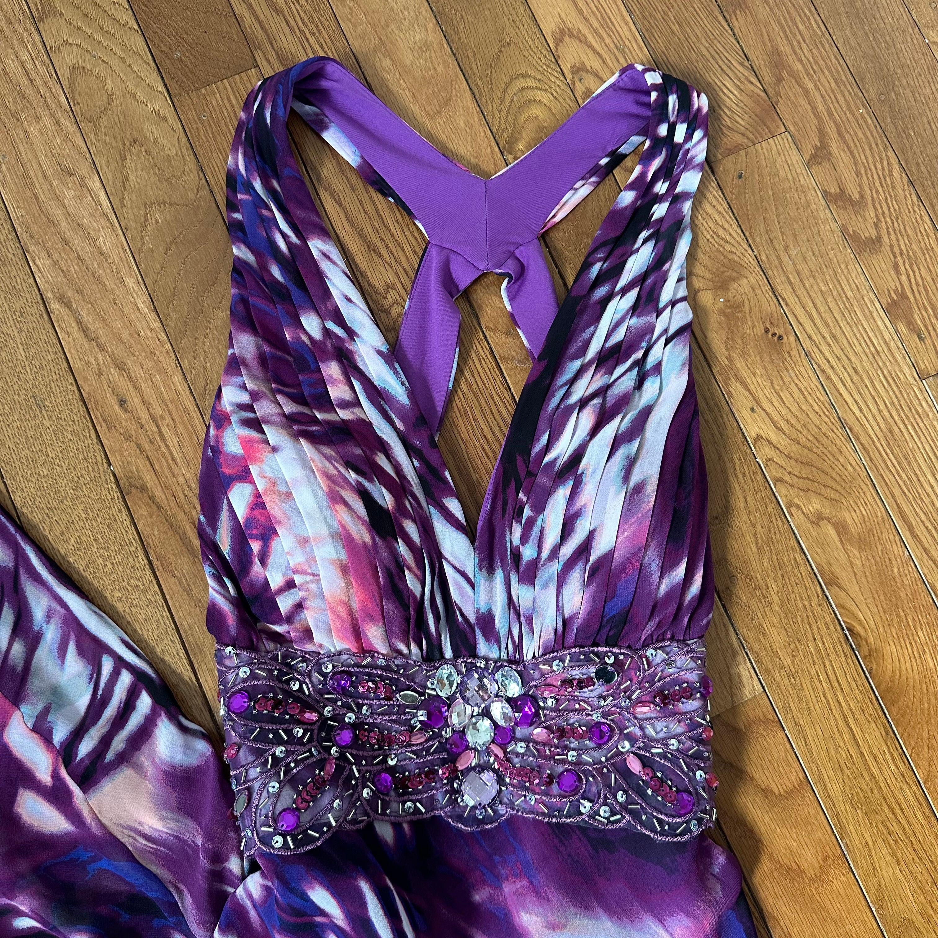 Vintage Y2K Butterfly Print Beaded Halter Gown