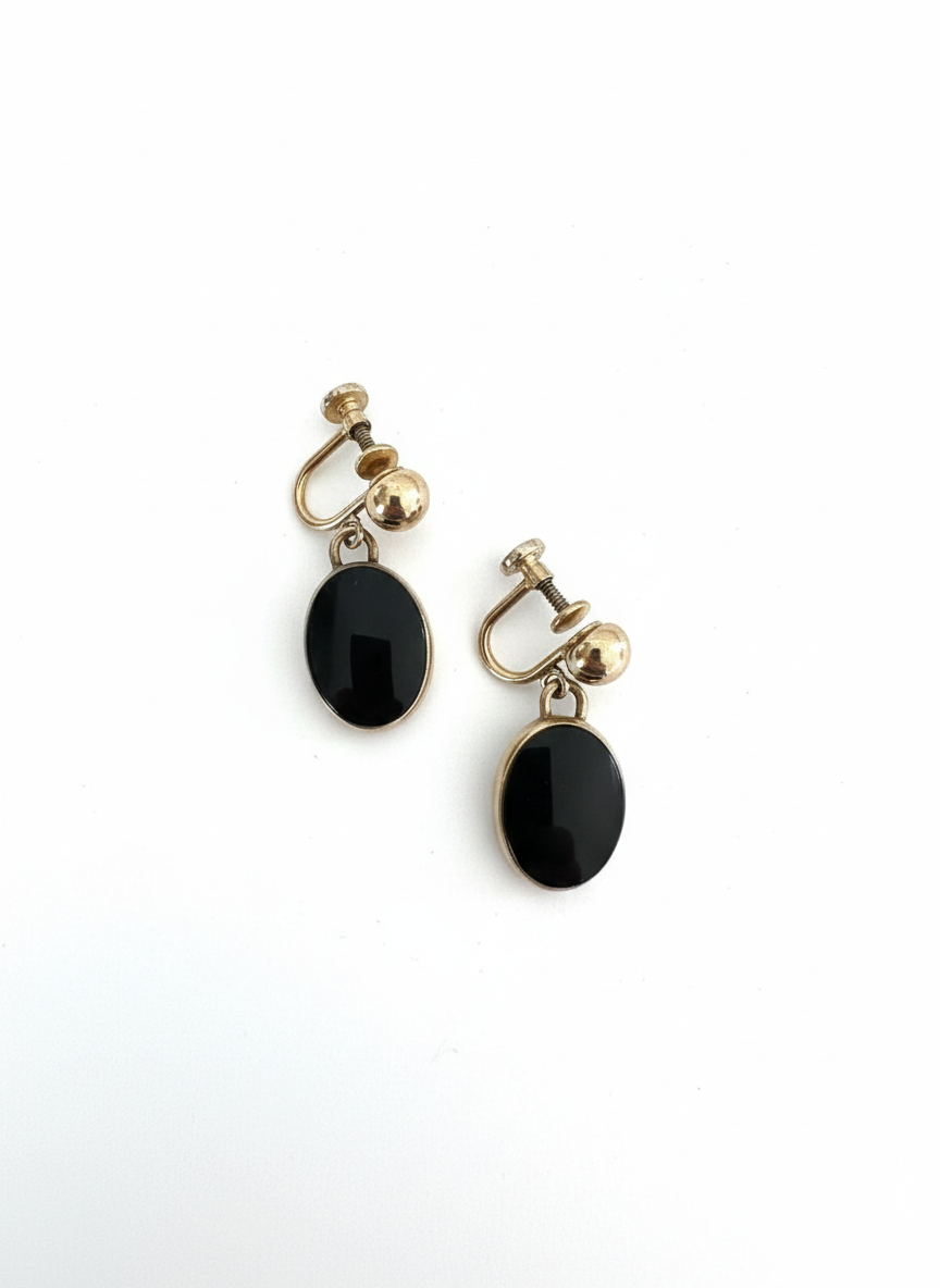 Vintage Gold Filled Black Onyx Screw-Back Earrings