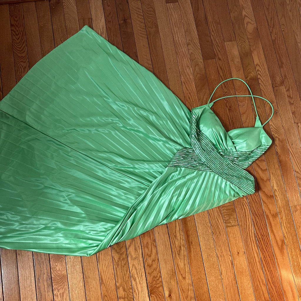 Vintage Masquerade Pistachio Green Pleated Sequin Gown