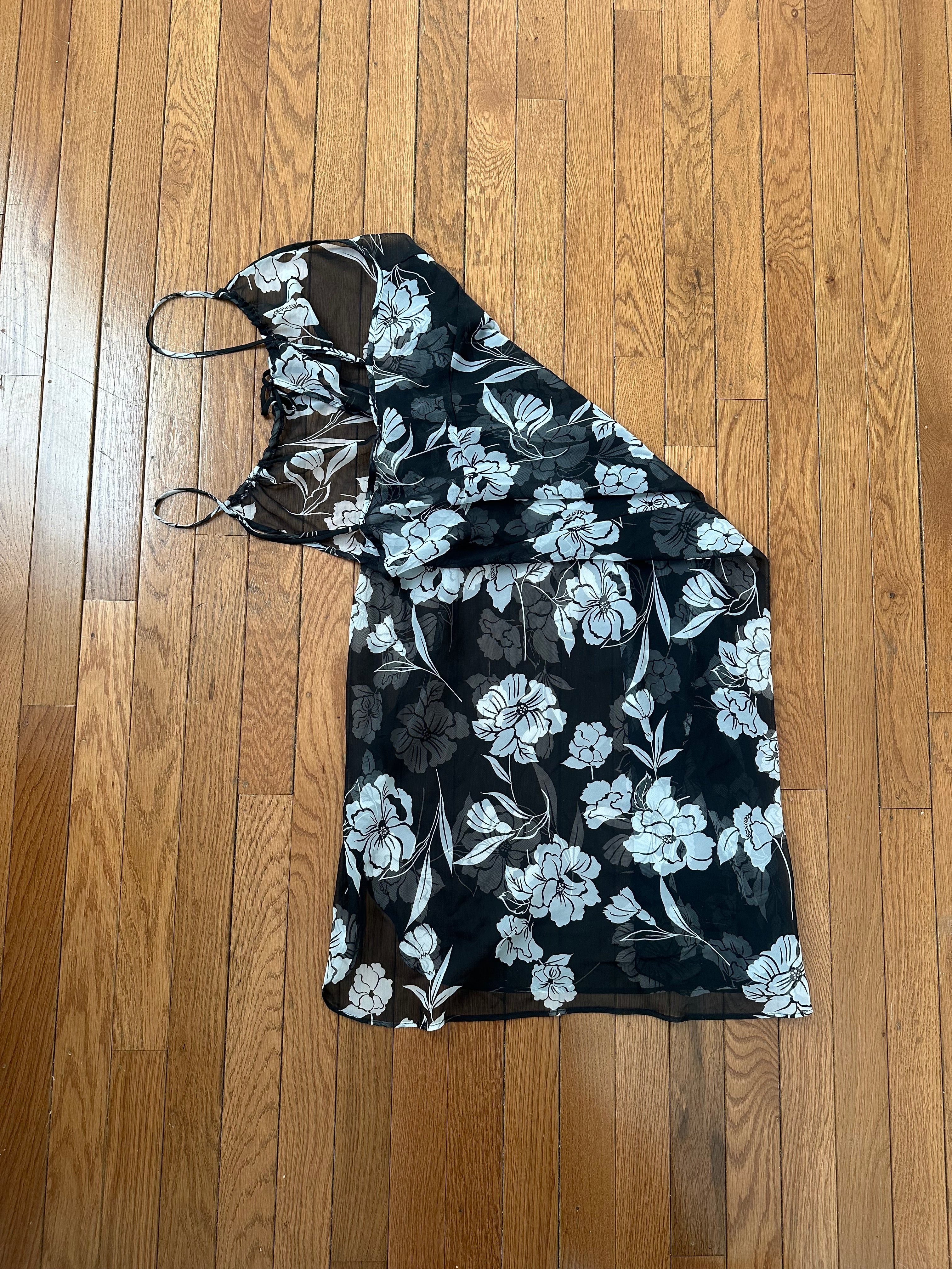 Noir & White Sheer Chiffon Floral Overlay Slip Dress