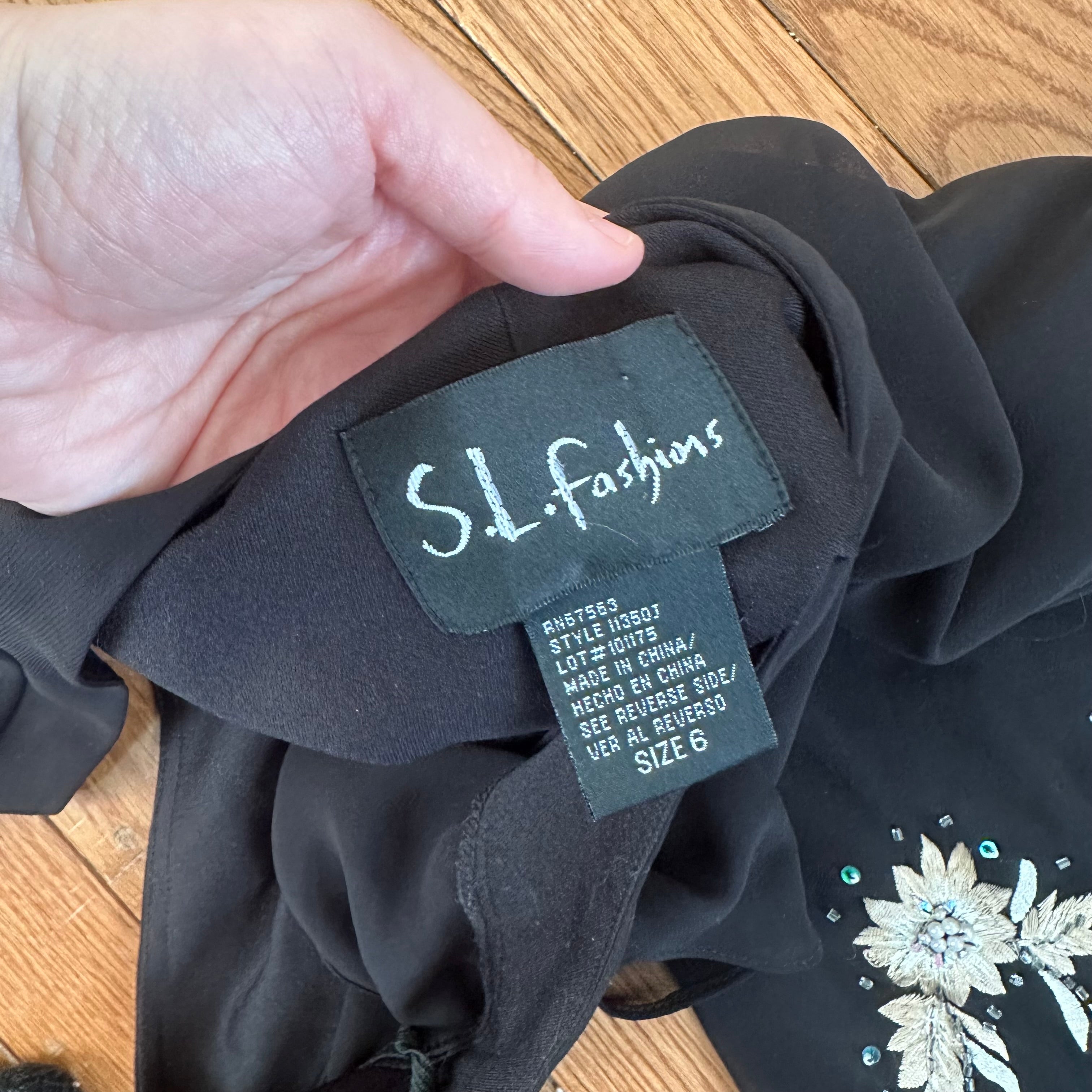 Vintage 2000s Black Flutter Sleeve Embroidered Mermaid Dress