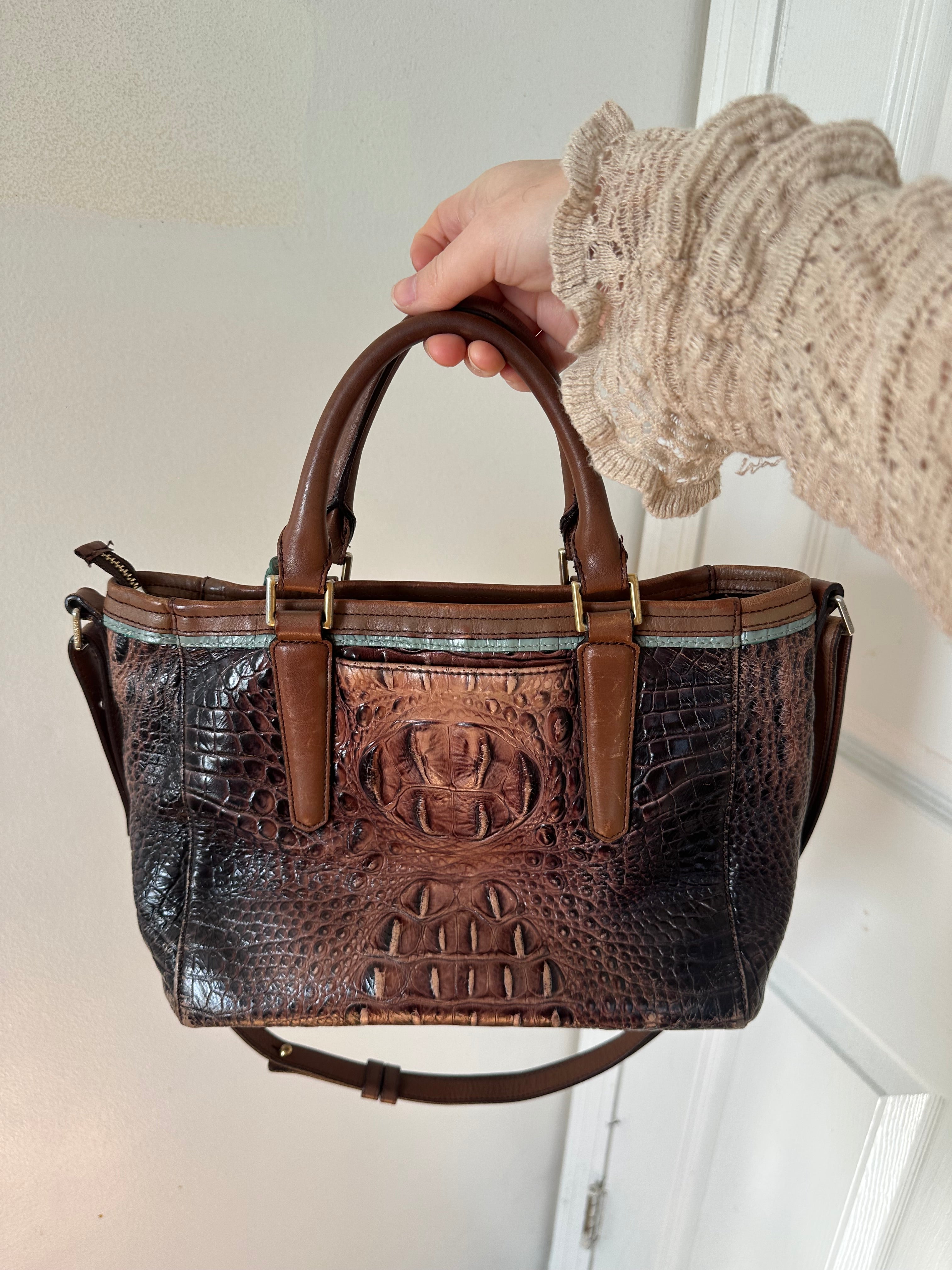 Brahmin Pecan Melbourne Crocodile-Embossed Leather Satchel with Crossbody Strap