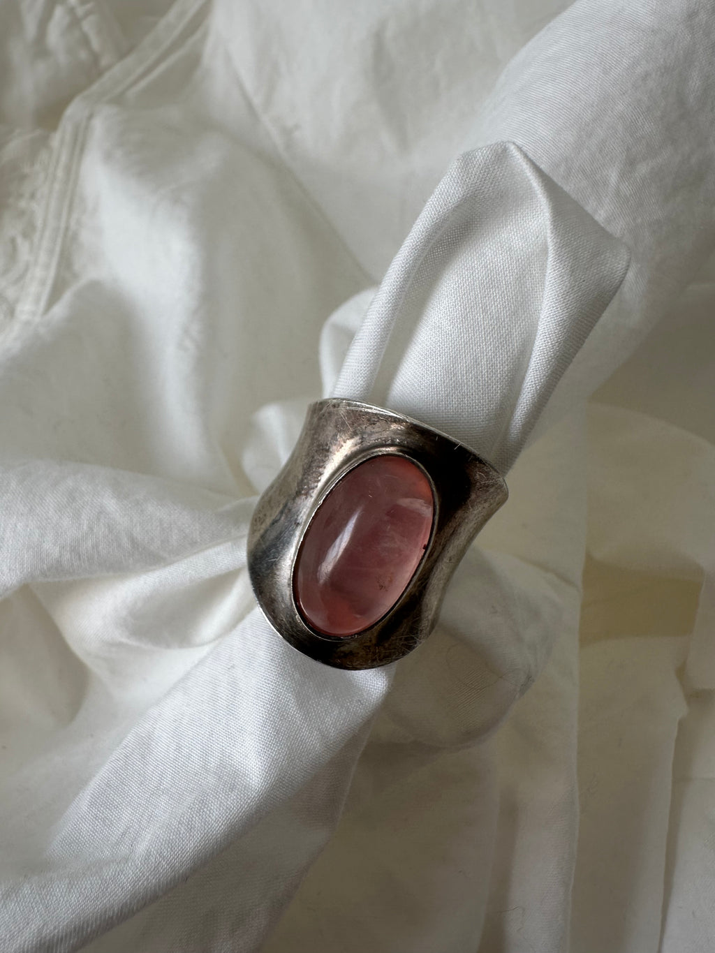 Vintage Sterling Rose Quartz Statement Ring (Adjustable Band)