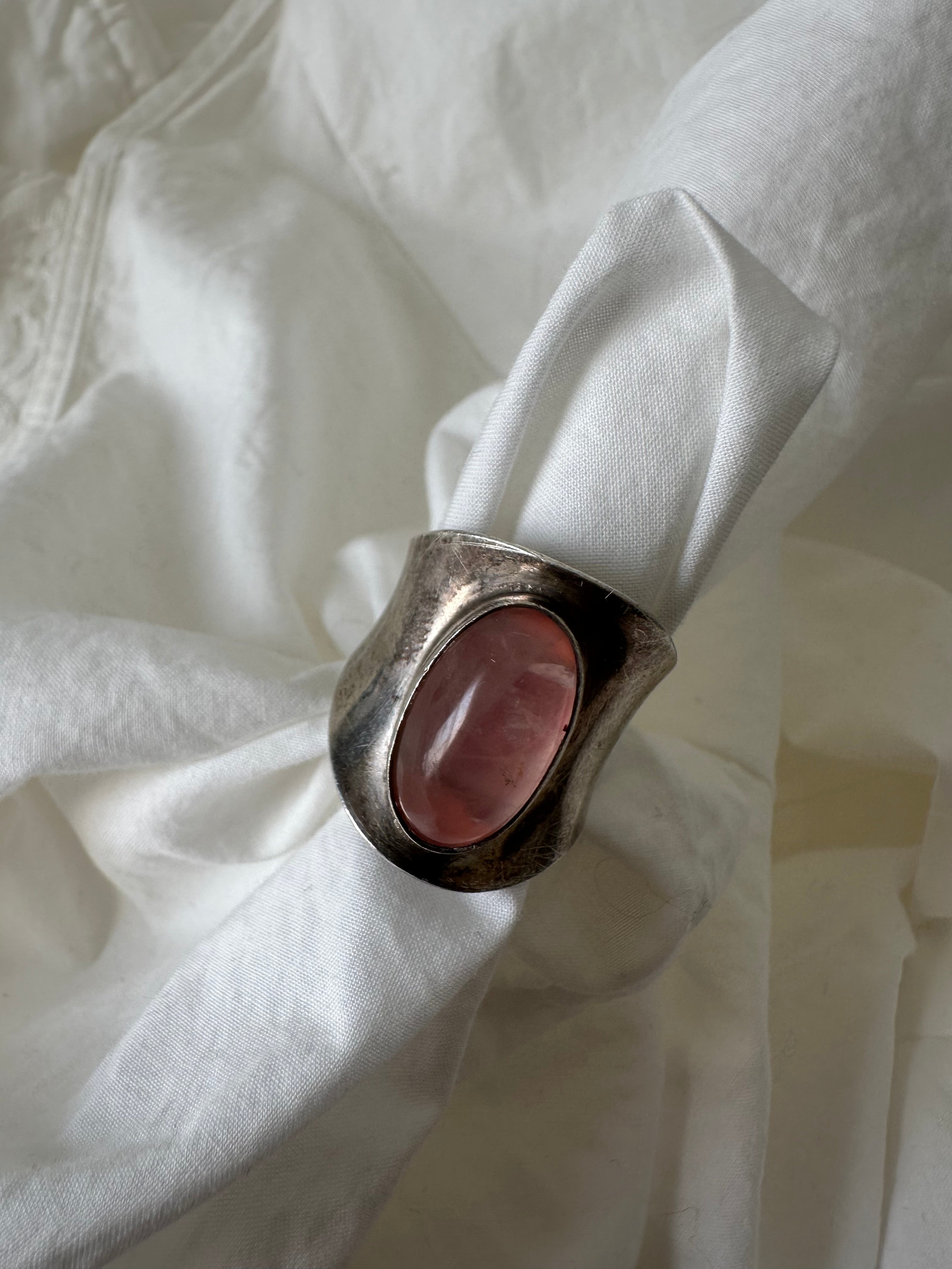 Vintage Sterling Rose Quartz Statement Ring (Adjustable Band)