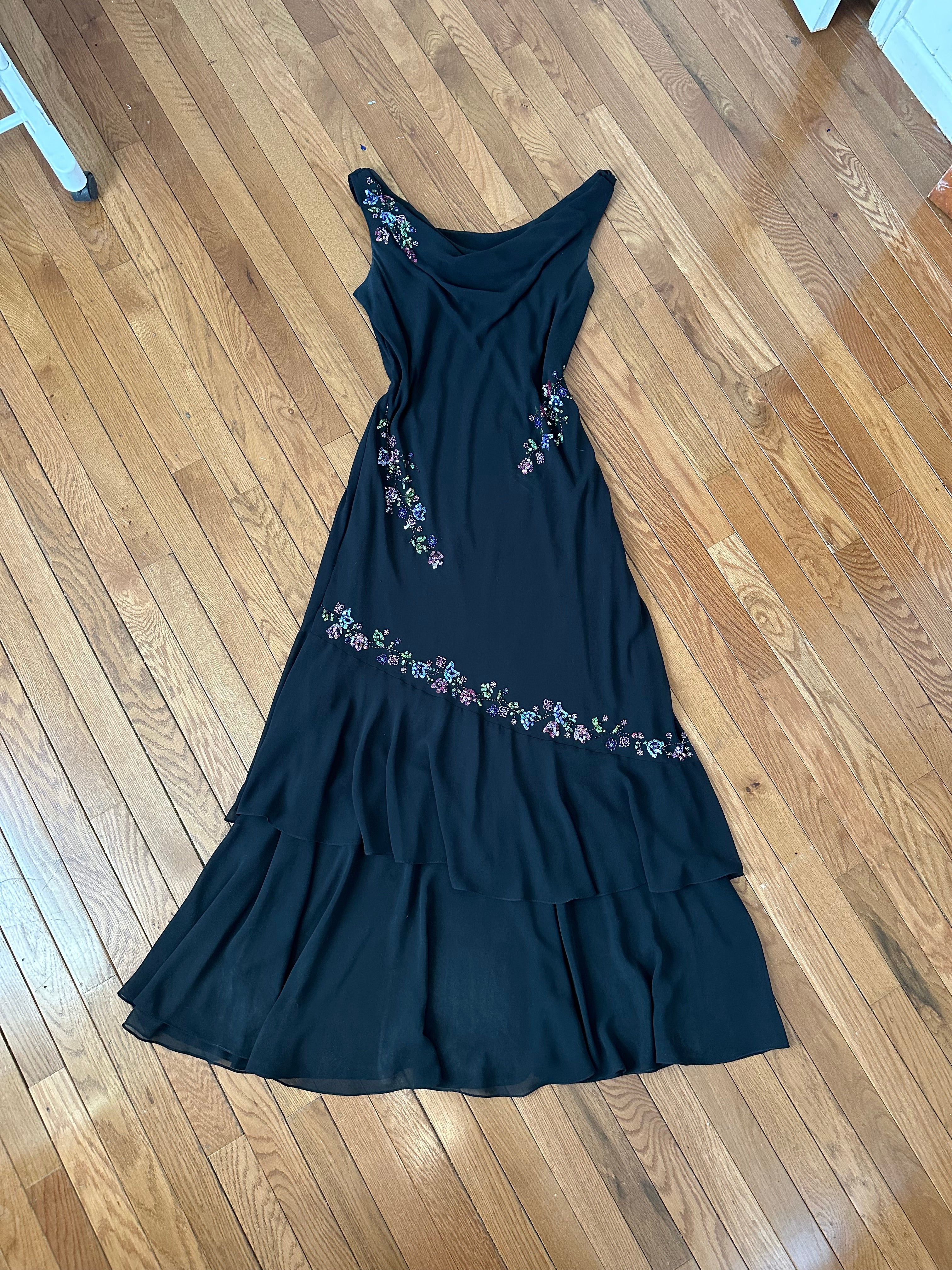 Vintage Black Tiered Maxi Dress with Colorful Floral Beading