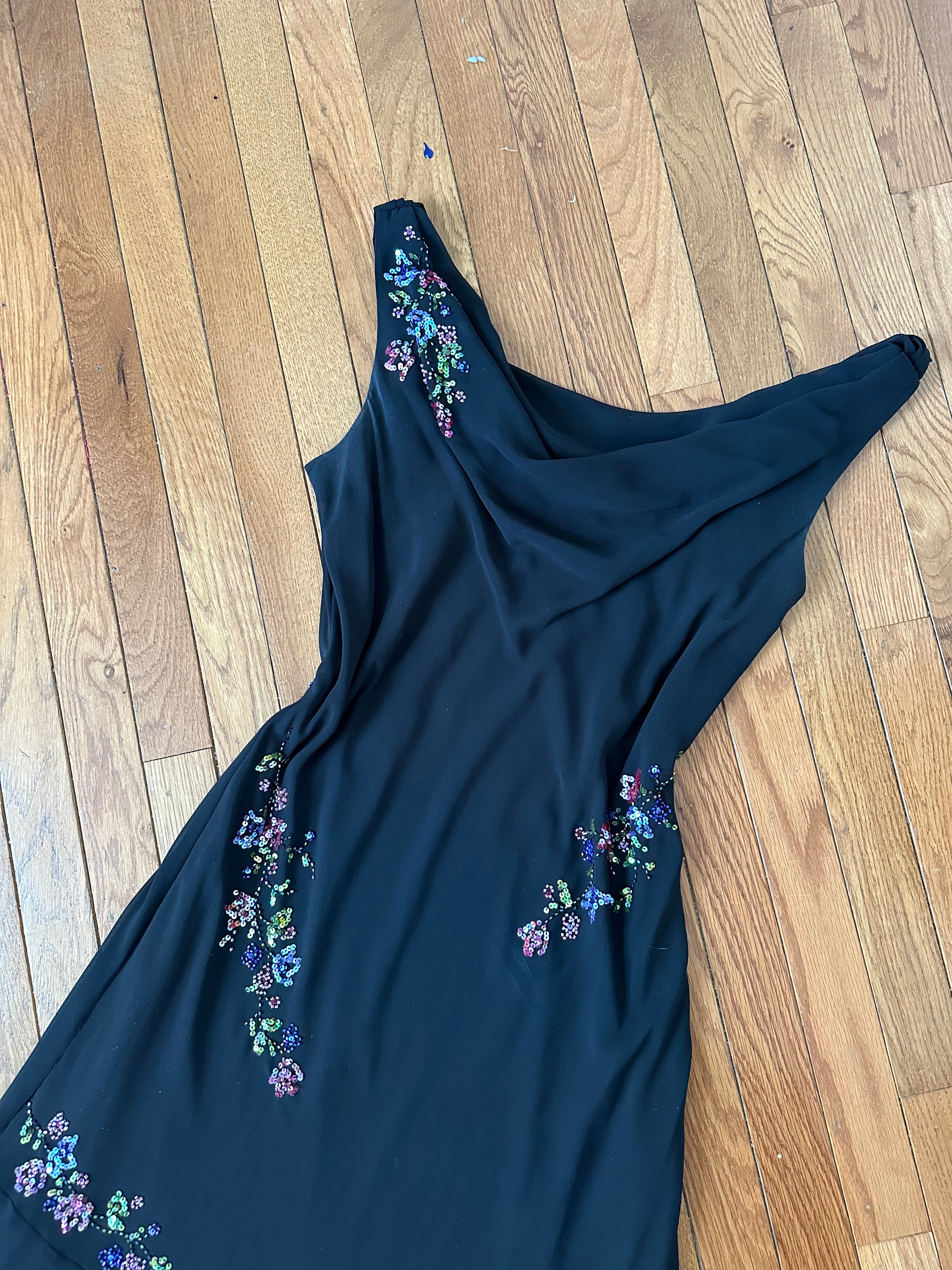 Vintage Black Tiered Maxi Dress with Colorful Floral Beading