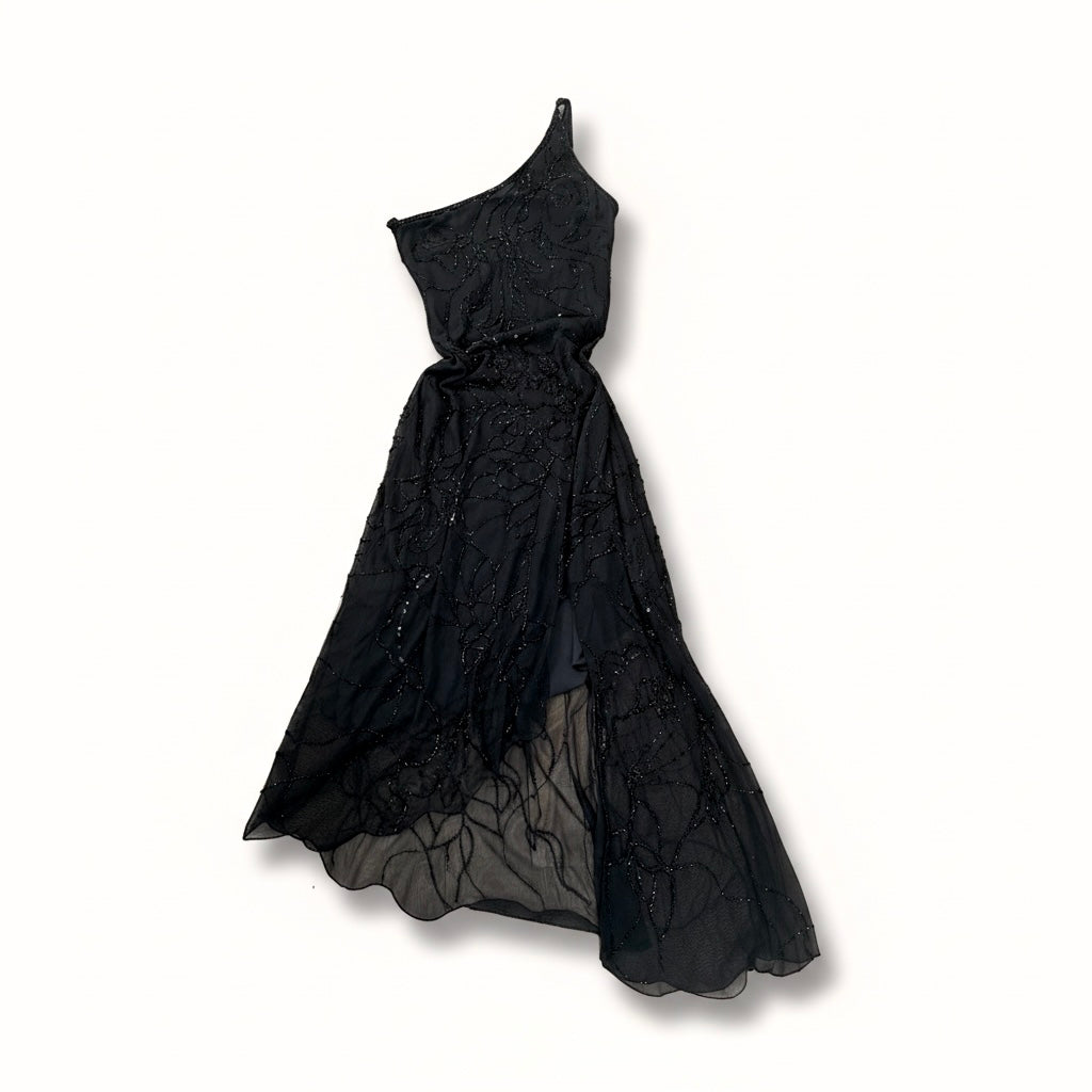 Vintage 2000s Black Beaded One-Shoulder Asymmetrical Gown