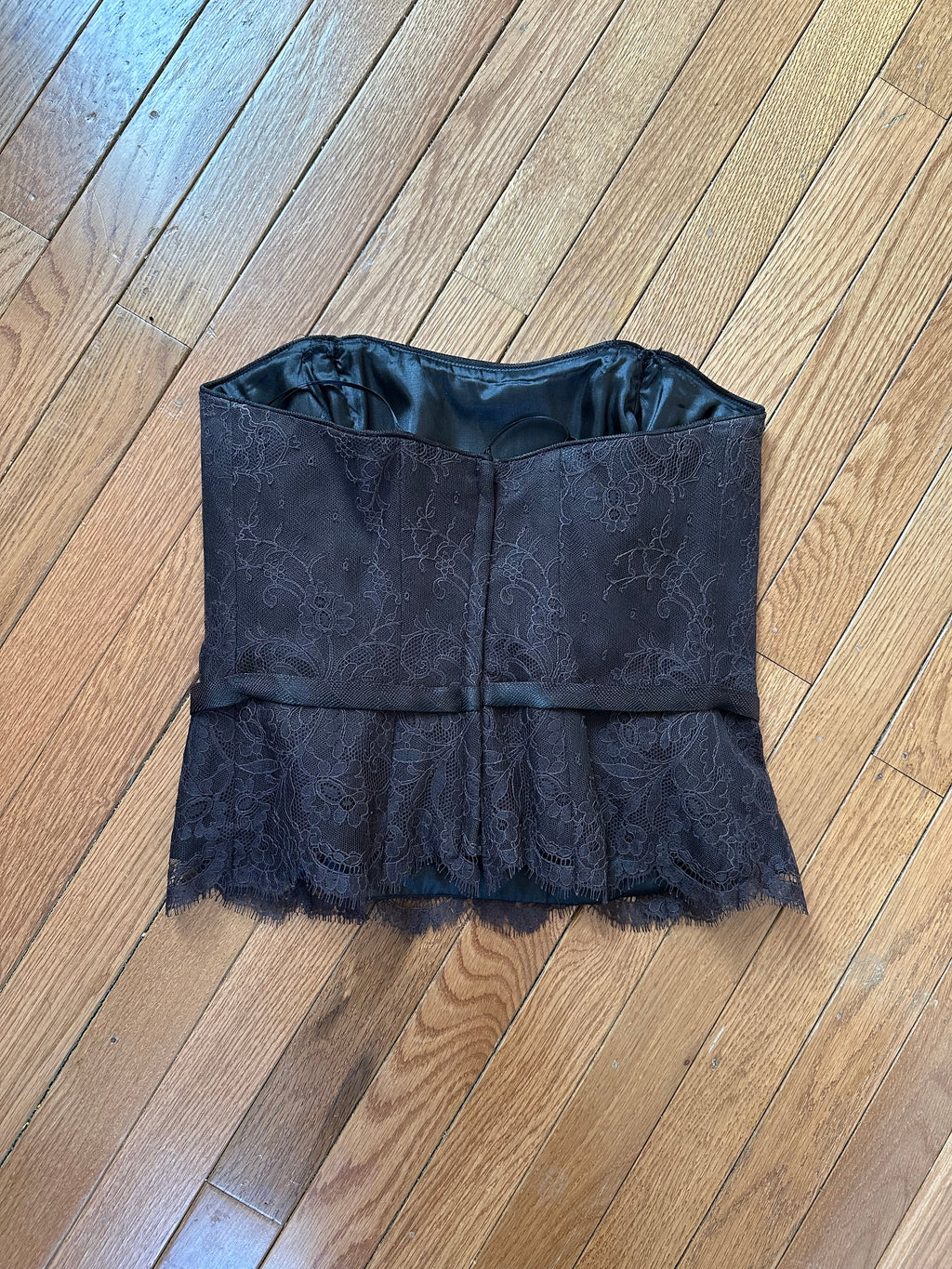 Intricate Brown Lace Strapless Bustier Top with Bow