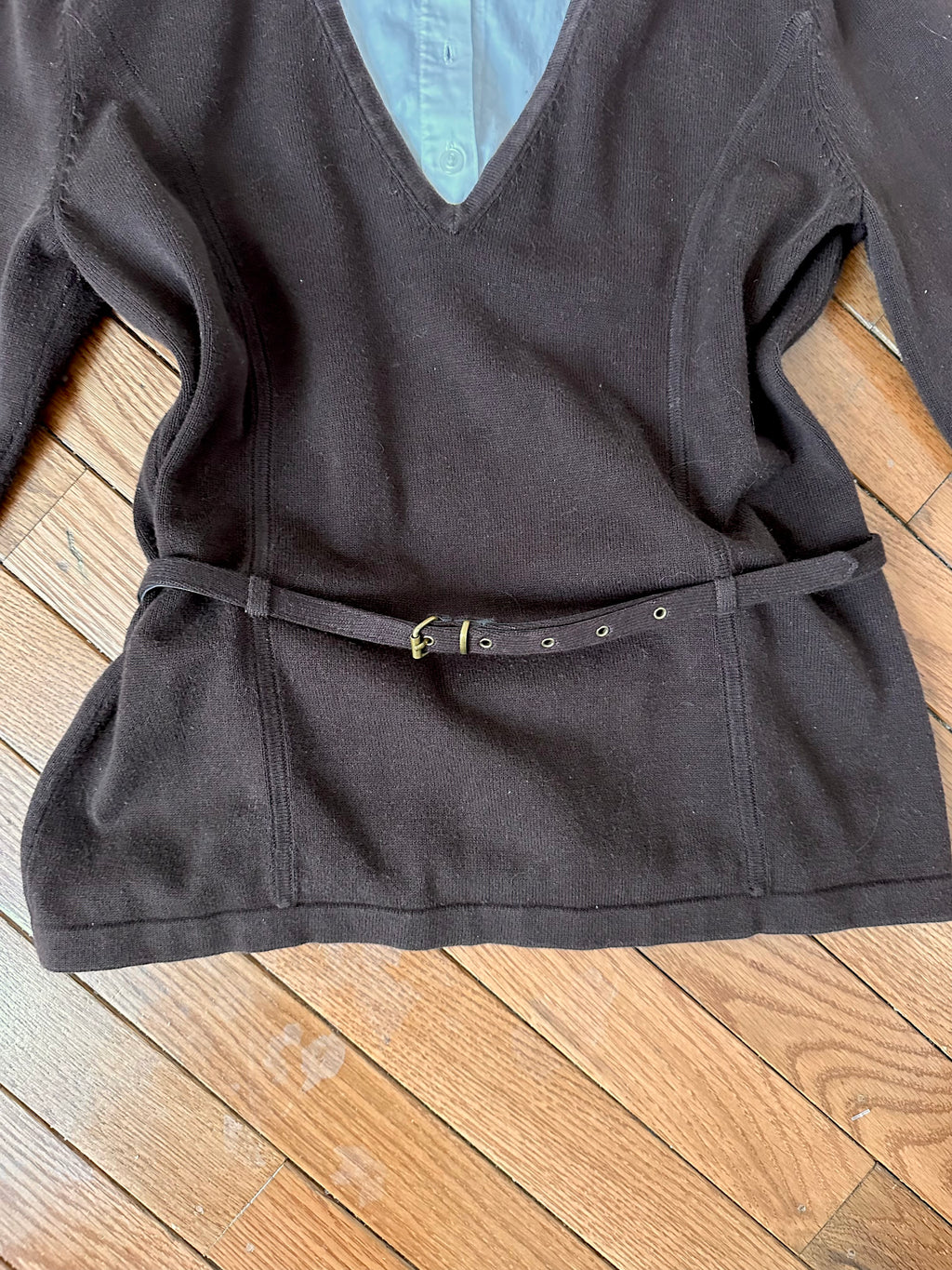Dark Brown V-Neck Sweater with Attached White Collar & Cuffs