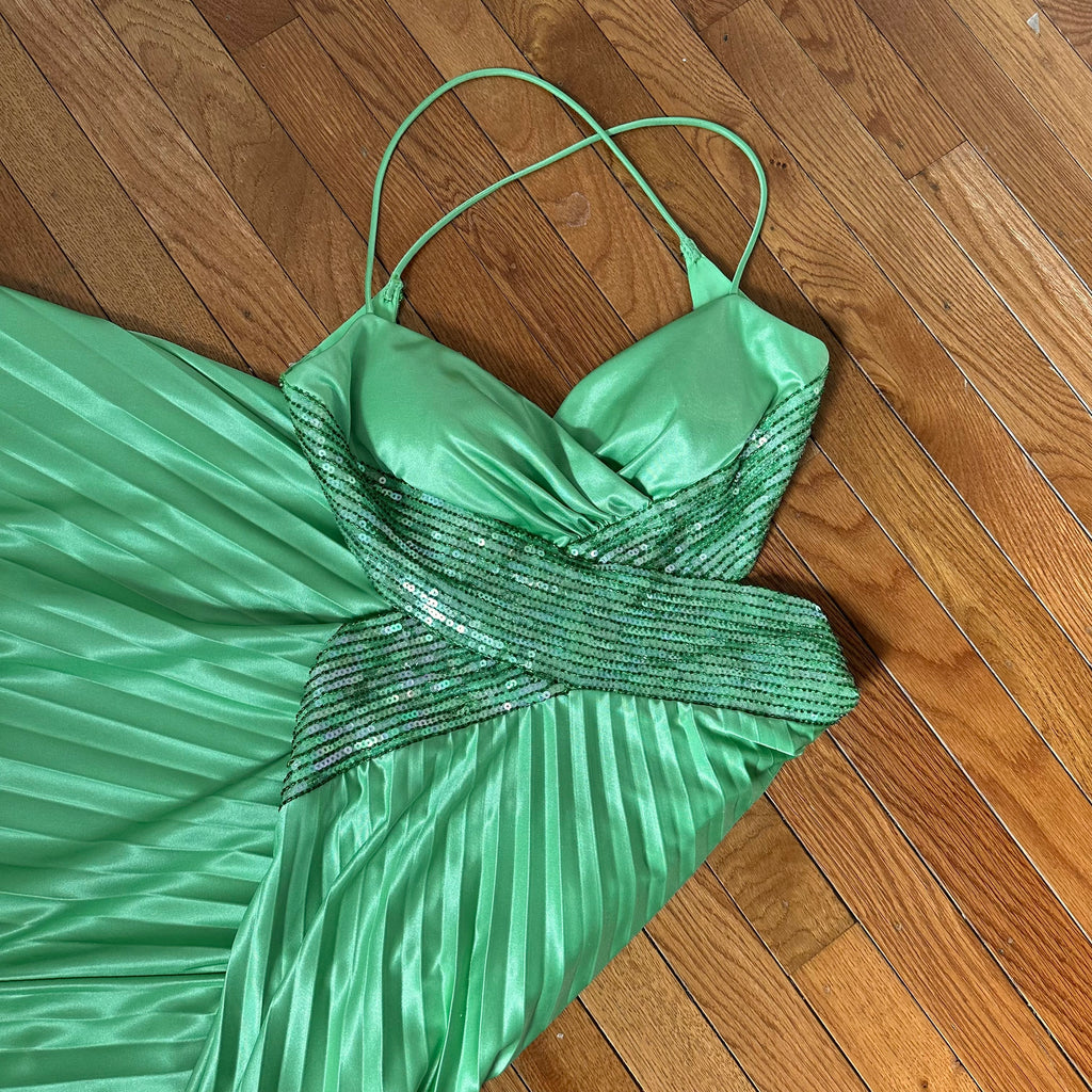 Vintage Masquerade Pistachio Green Pleated Sequin Gown