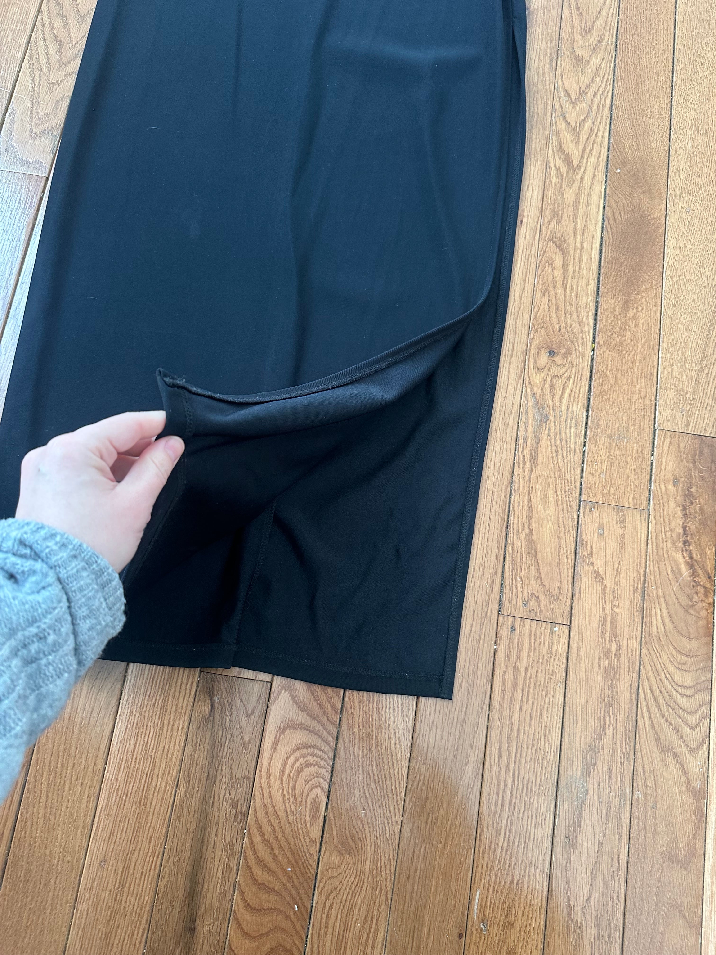 Midnight Black Strapless Column Gown with Delicate Vine Embroidery