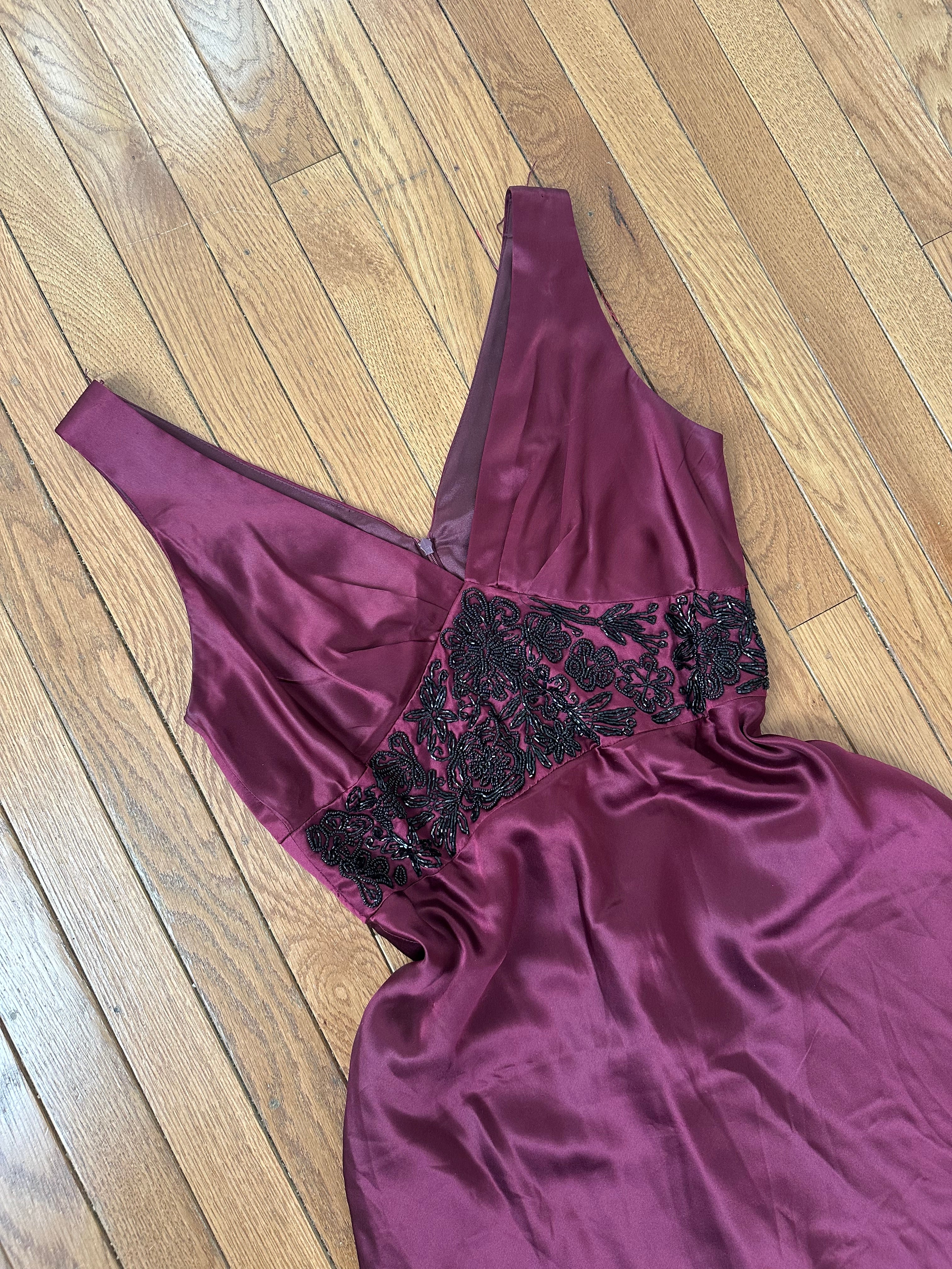 Deep Wine Satin V-Neck Cocktail Dress with Black Lace Waist Detail