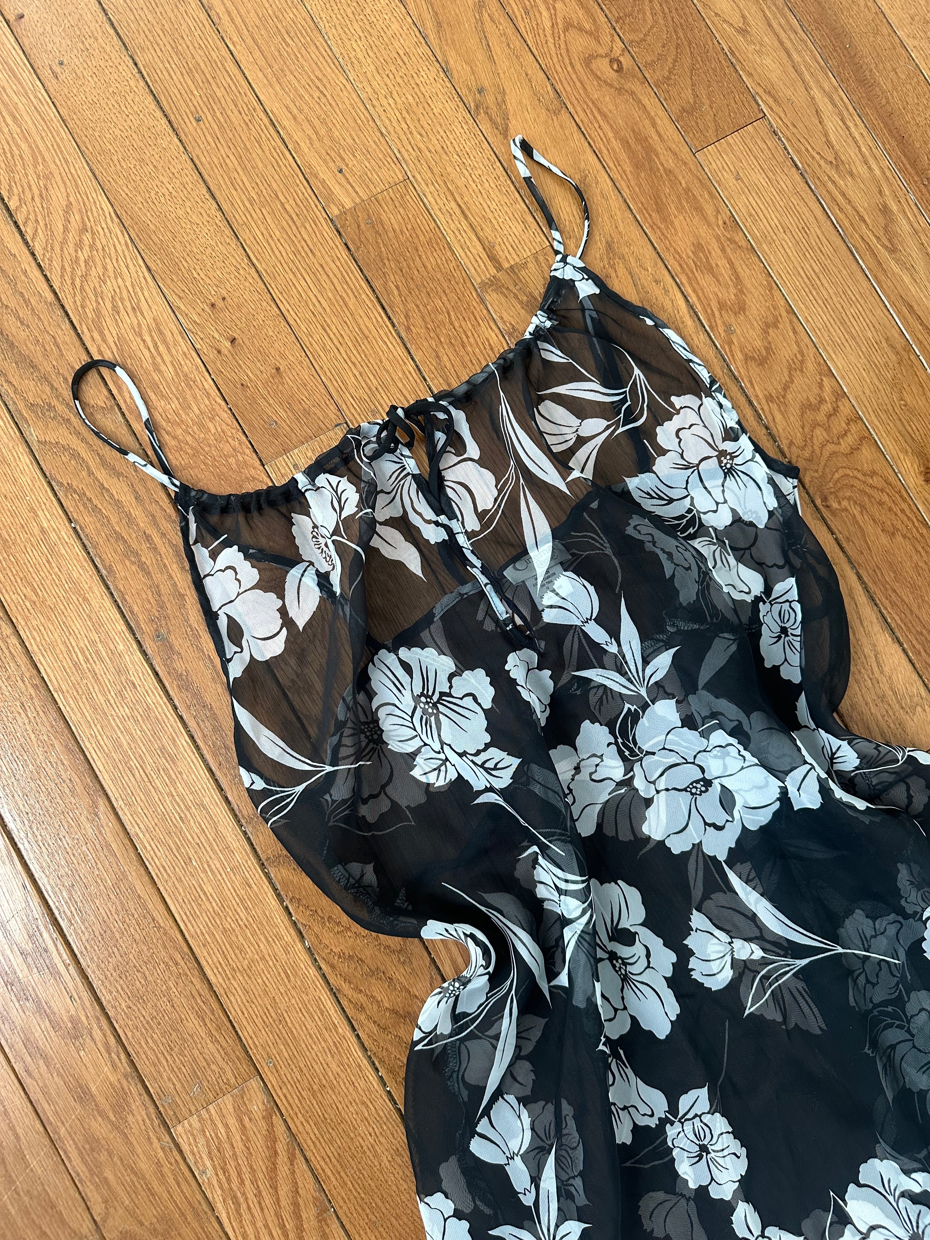 Noir & White Sheer Chiffon Floral Overlay Slip Dress