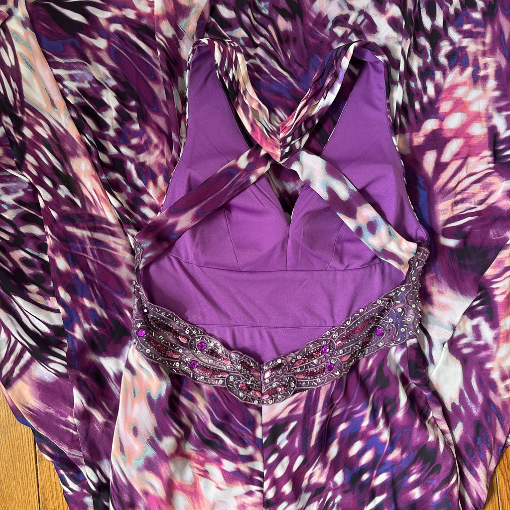 Vintage Y2K Butterfly Print Beaded Halter Gown