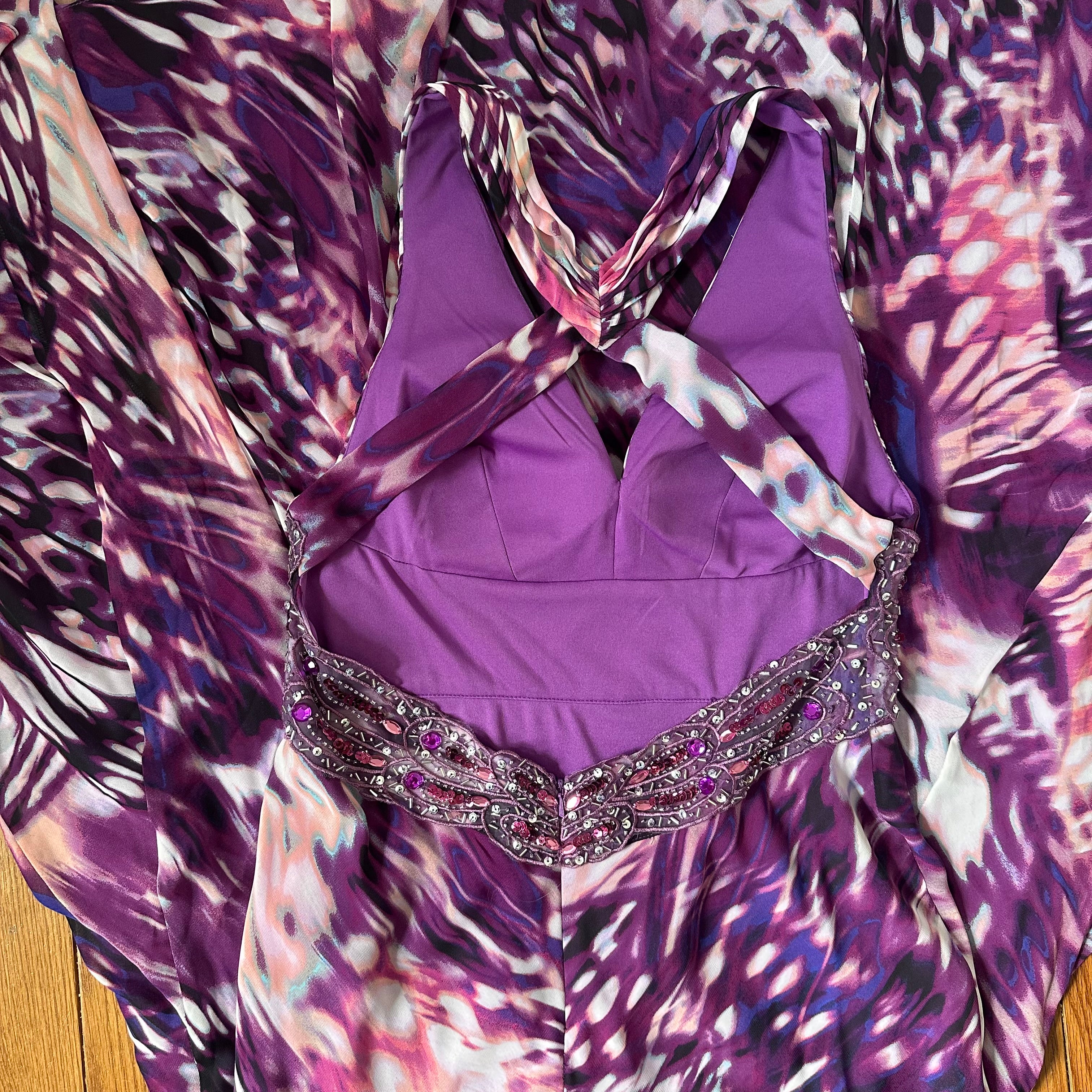 Vintage Y2K Butterfly Print Beaded Halter Gown