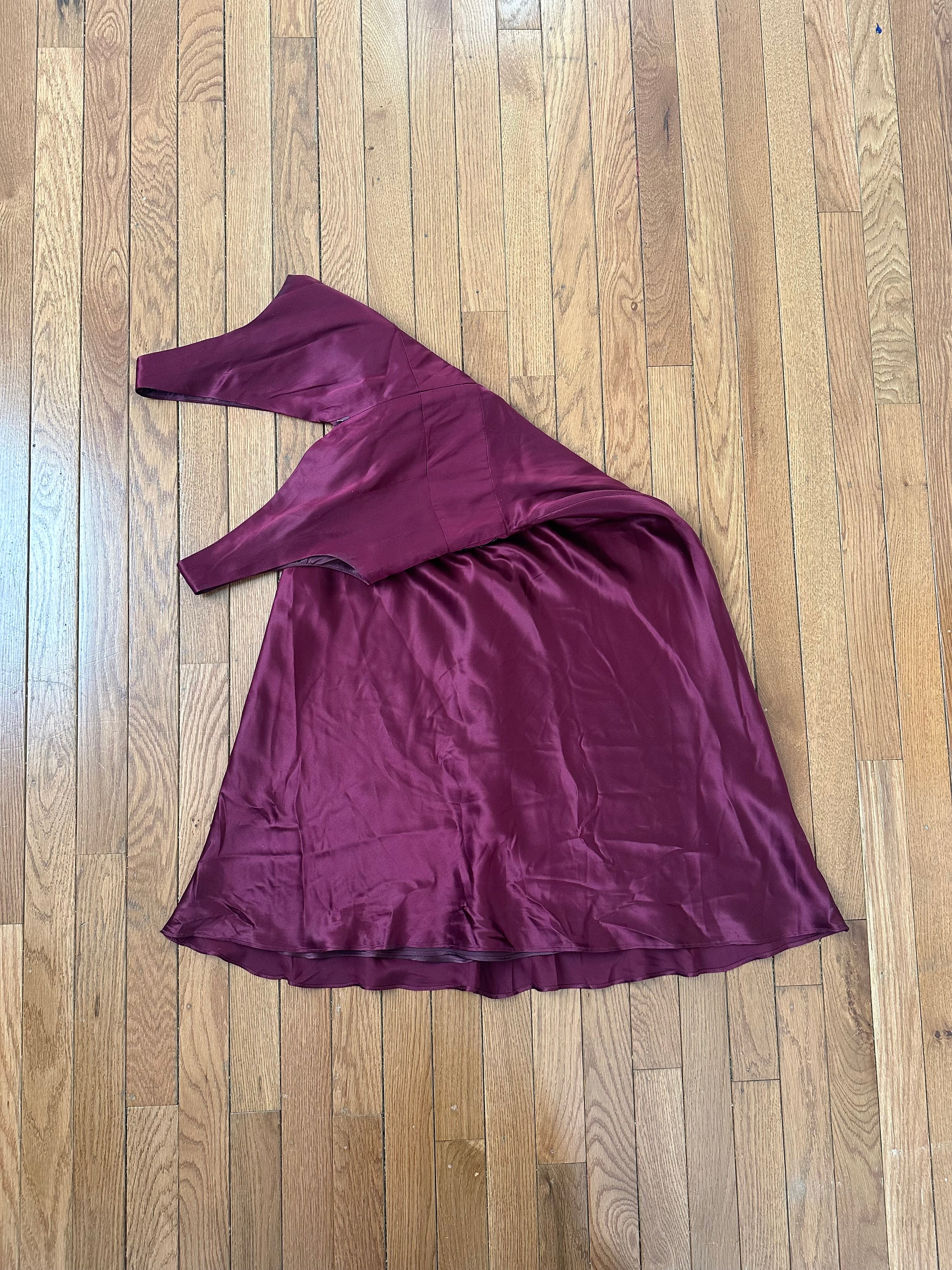 Deep Wine Satin V-Neck Cocktail Dress with Black Lace Waist Detail