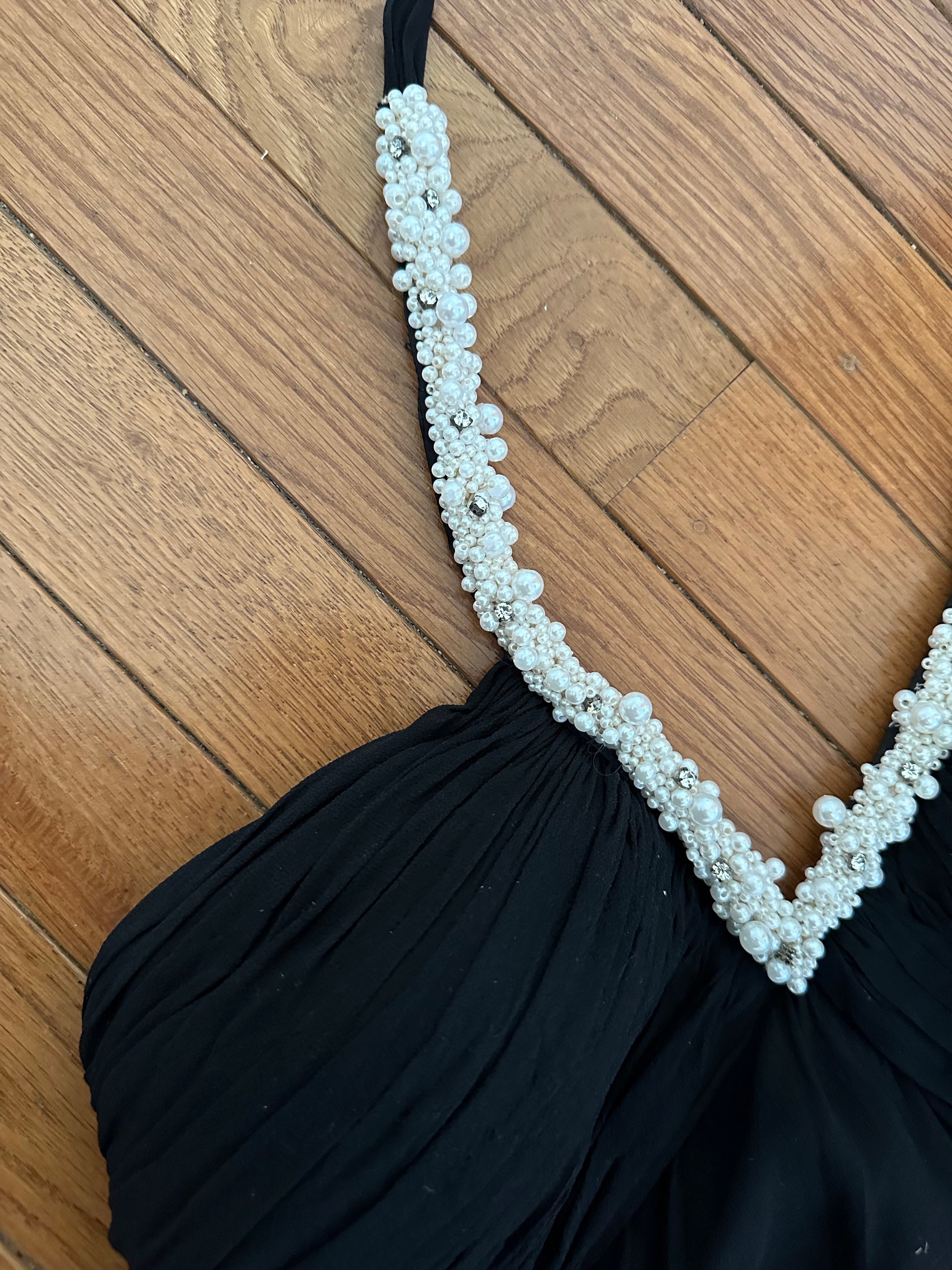 Vintage Black Silk-Feel Halter Dress with Faux Pearl Trim