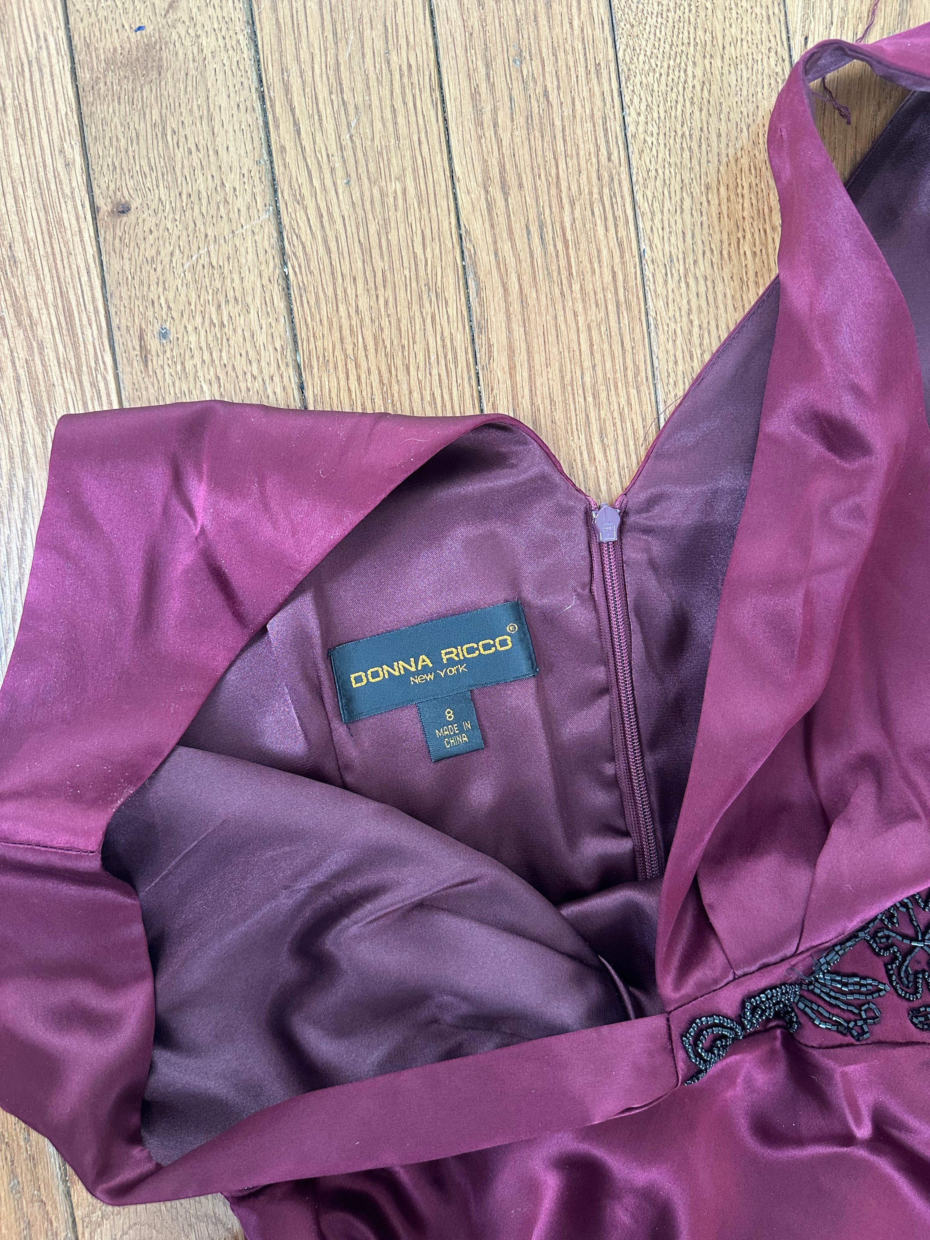 Deep Wine Satin V-Neck Cocktail Dress with Black Lace Waist Detail