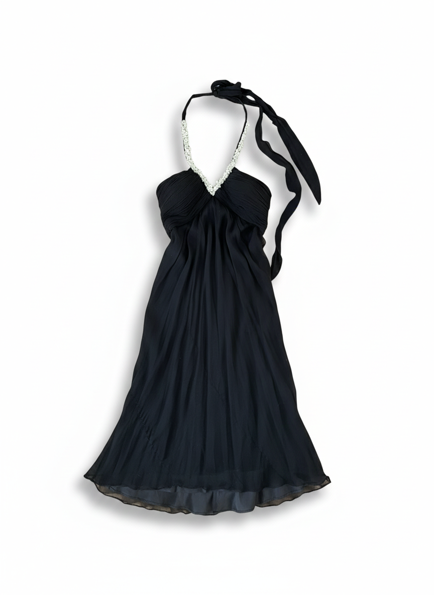 Vintage Black Silk-Feel Halter Dress with Faux Pearl Trim