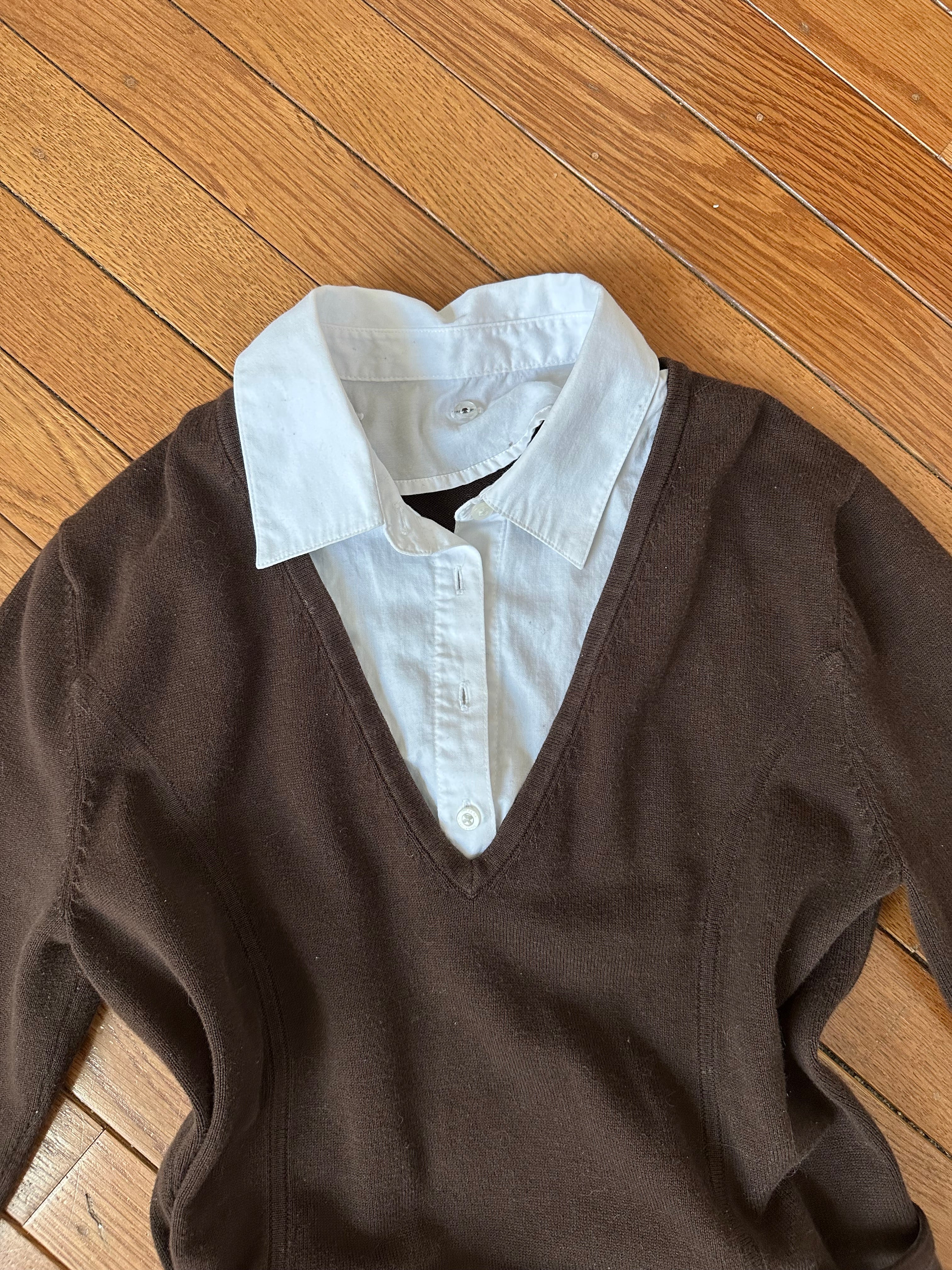 Dark Brown V-Neck Sweater with Attached White Collar & Cuffs