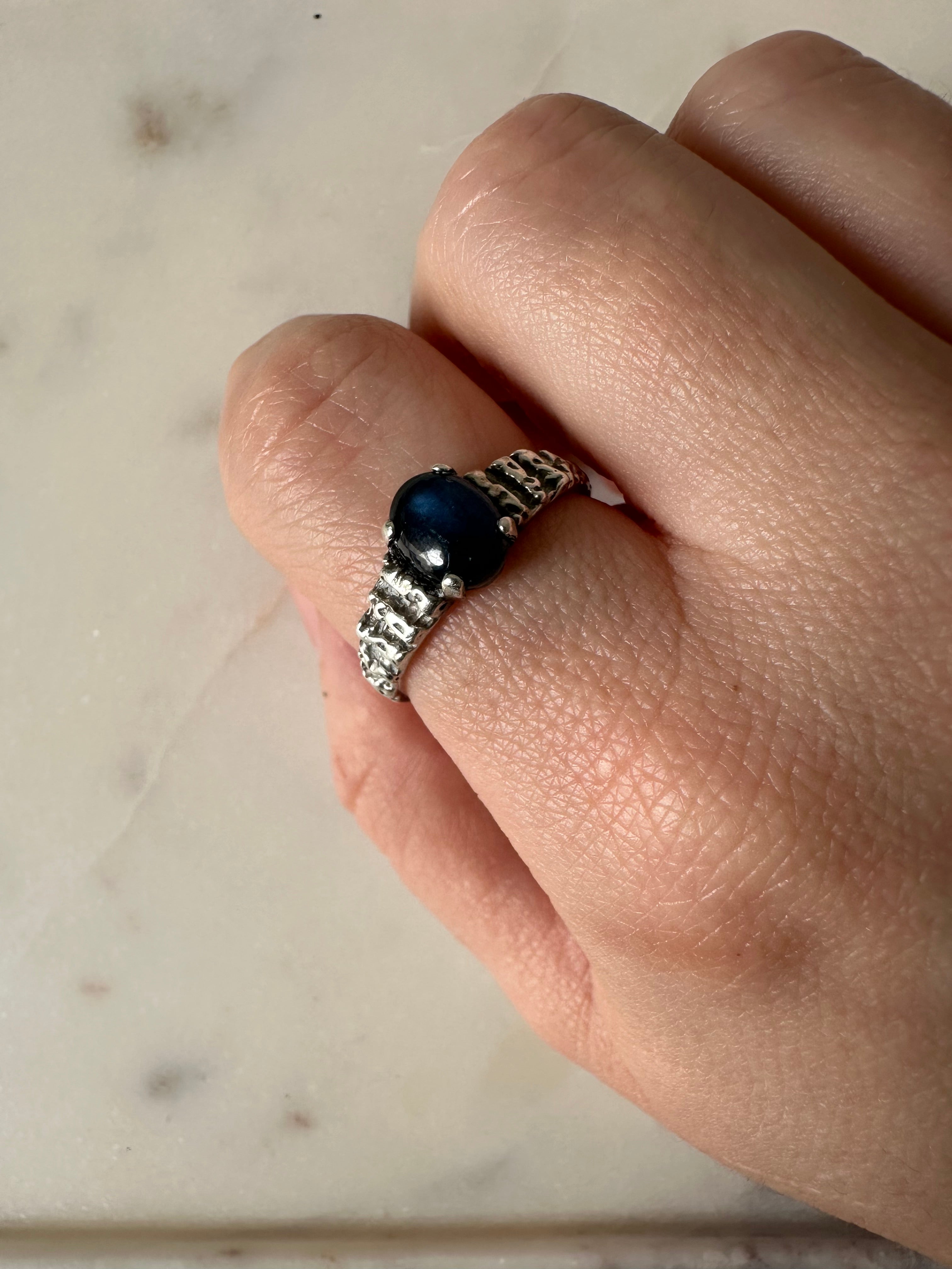 Vintage Sterling Brutalist Textured Kyanite Statement Ring