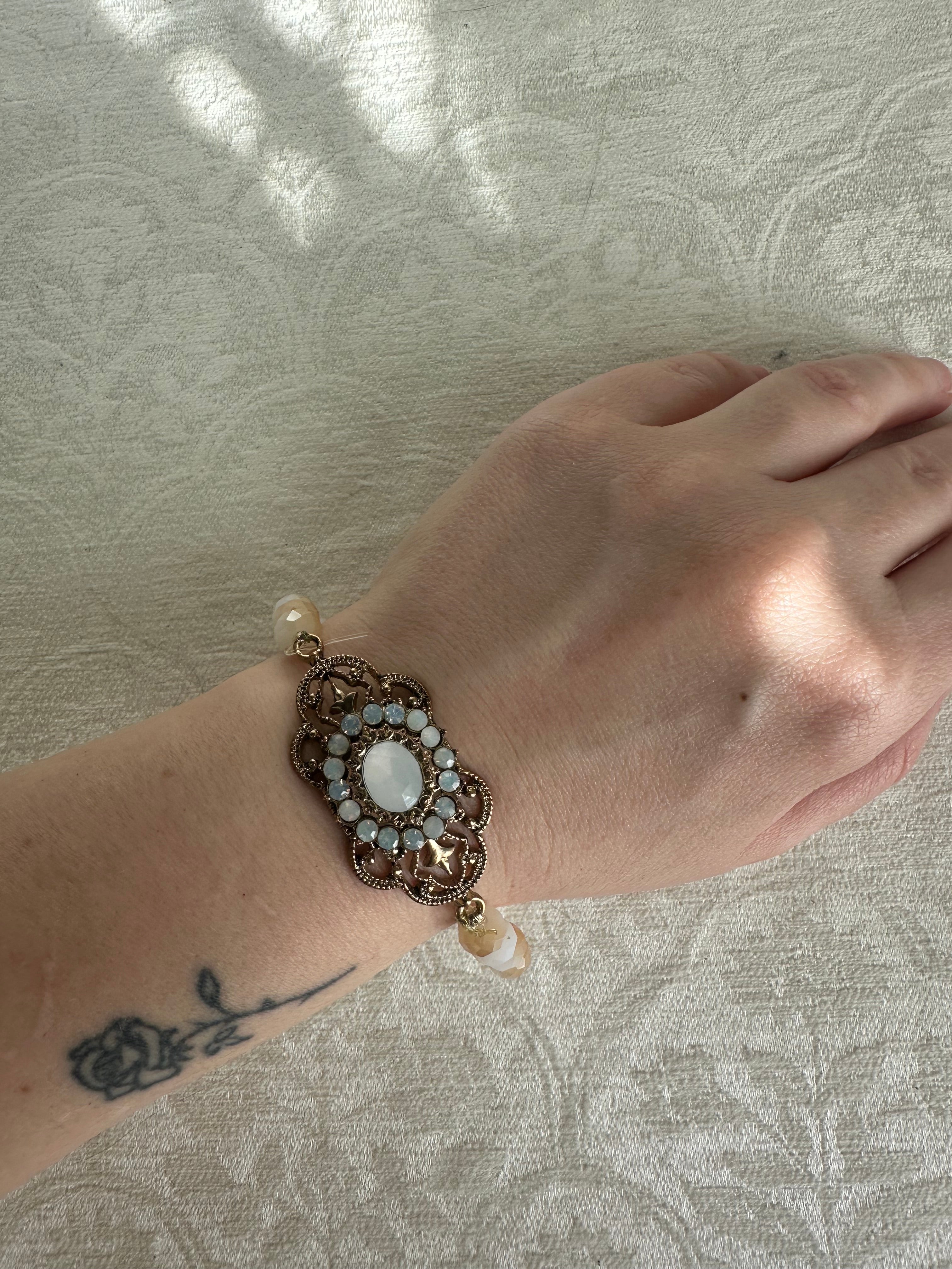 Hand made Ornate Antique Gold Filigree Bracelet with Center Moonstone Cabochon
