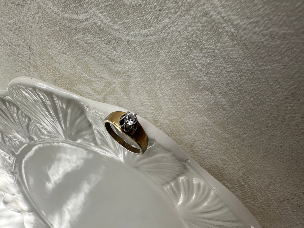 Antique Gold-Tone Solitaire Ring with Crown-Set Clear Crystal