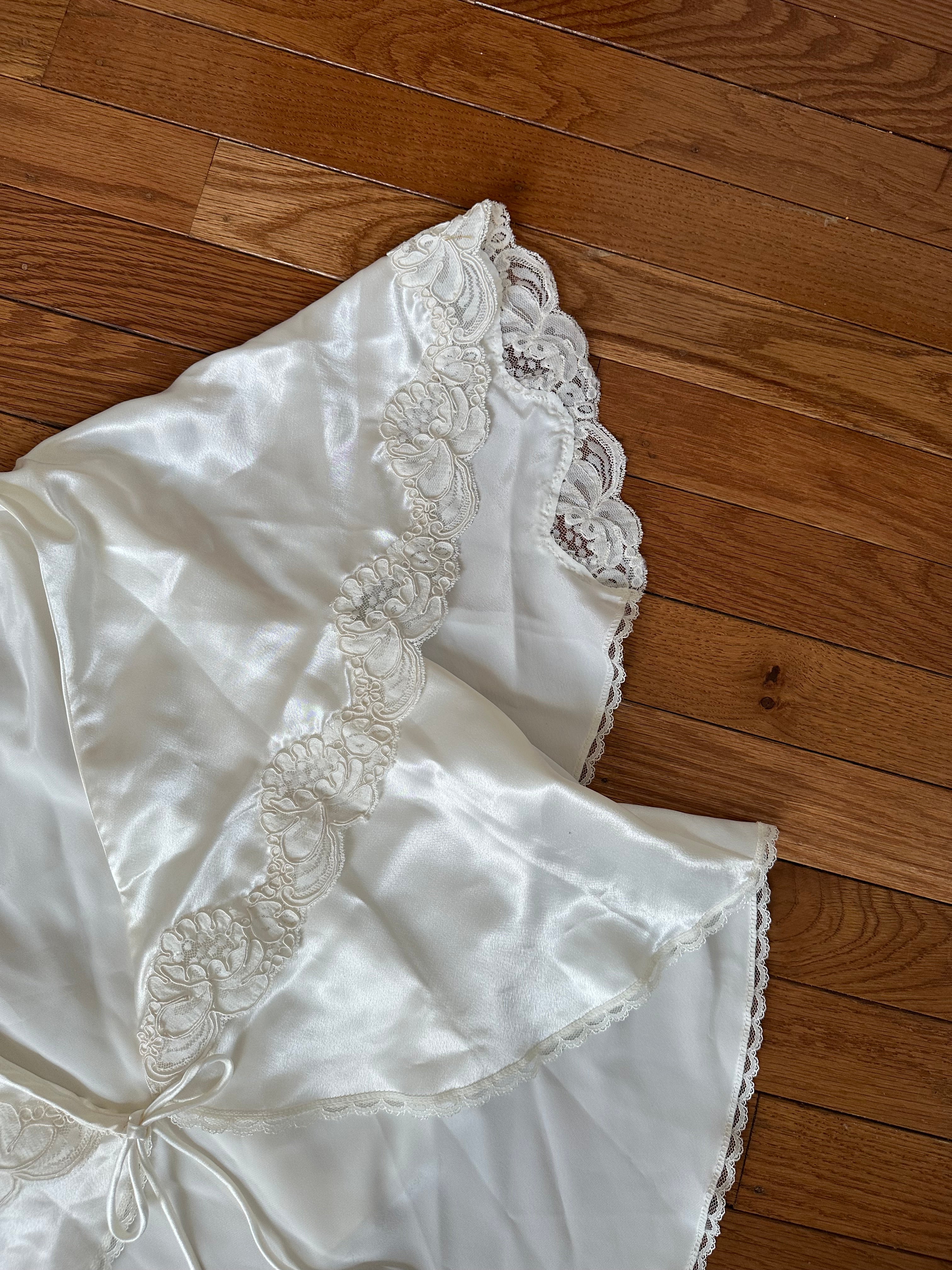 Vintage White Satin Bridal Bed Jacket with Scalloped Lace Trim