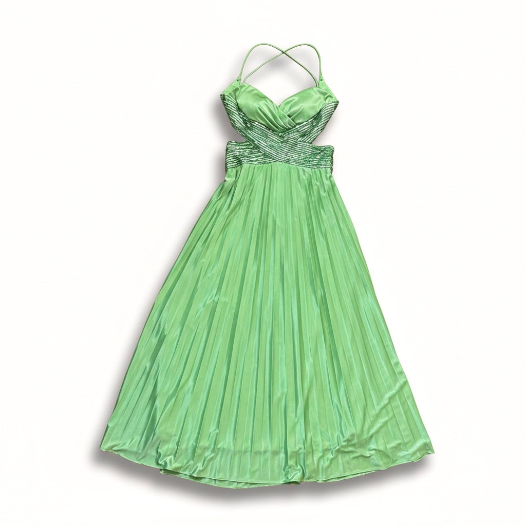 Vintage Masquerade Pistachio Green Pleated Sequin Gown