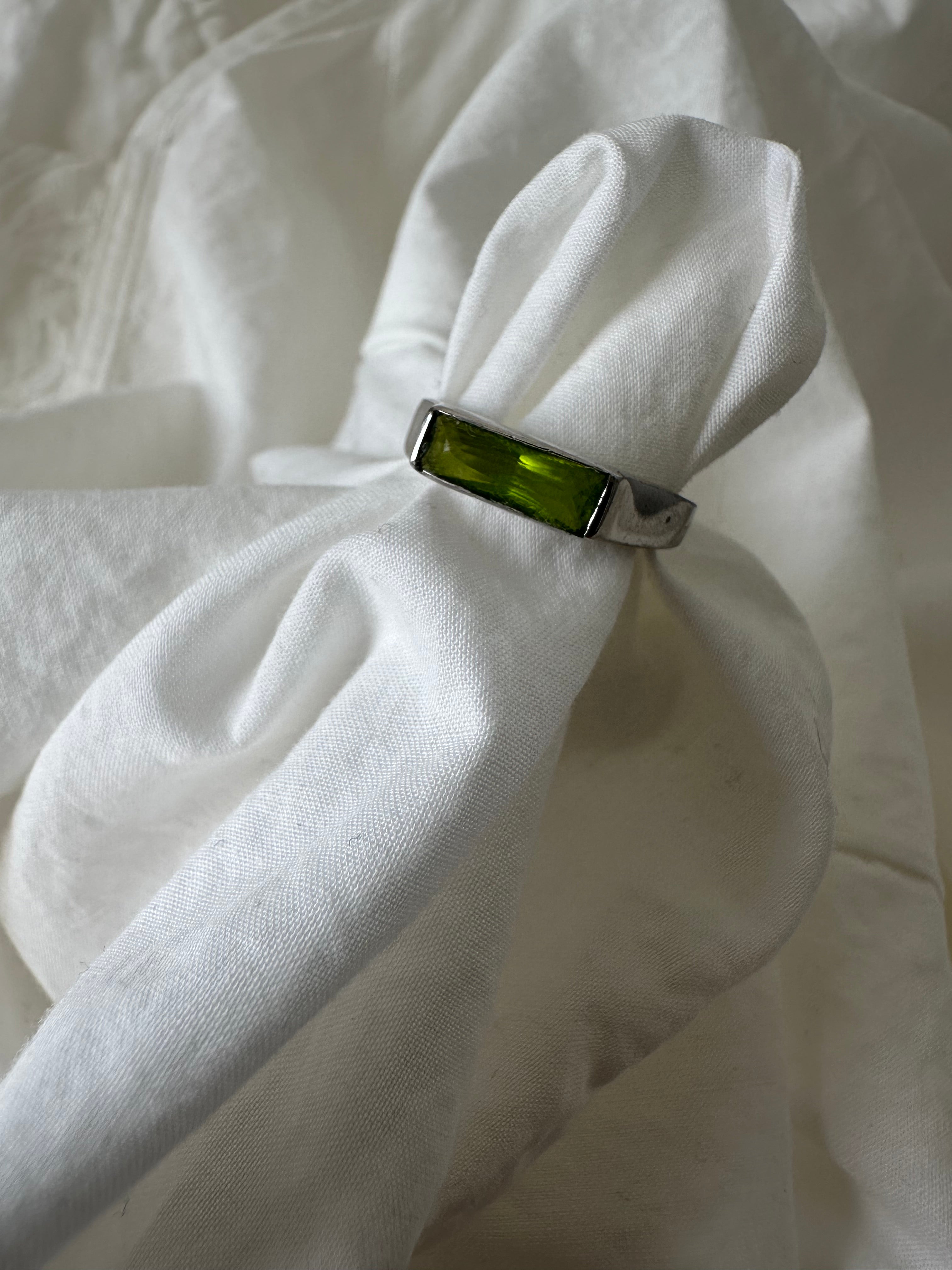 Vintage Sterling Radiant Green Stone in Polished Baguette Ring