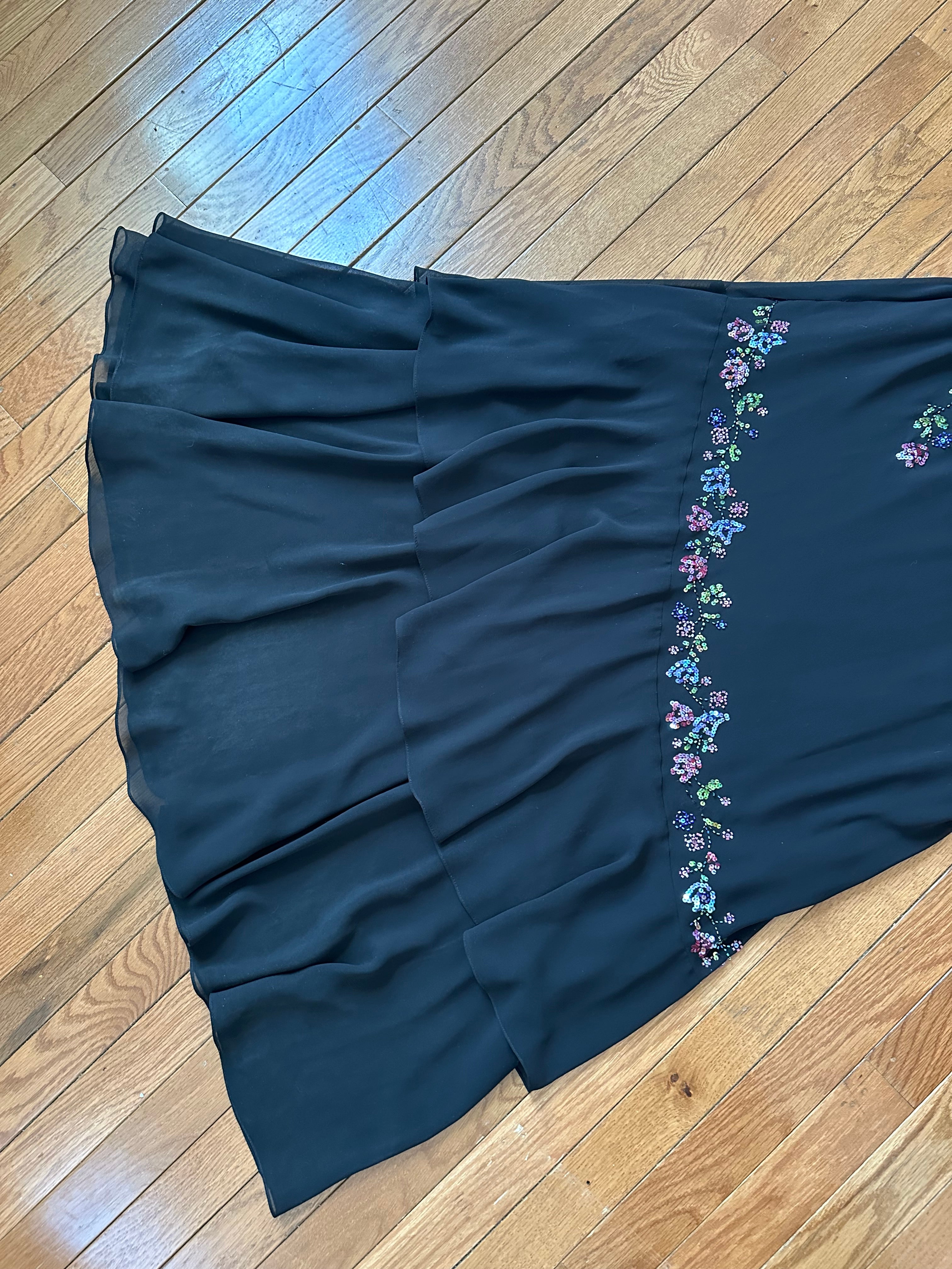 Vintage Black Tiered Maxi Dress with Colorful Floral Beading