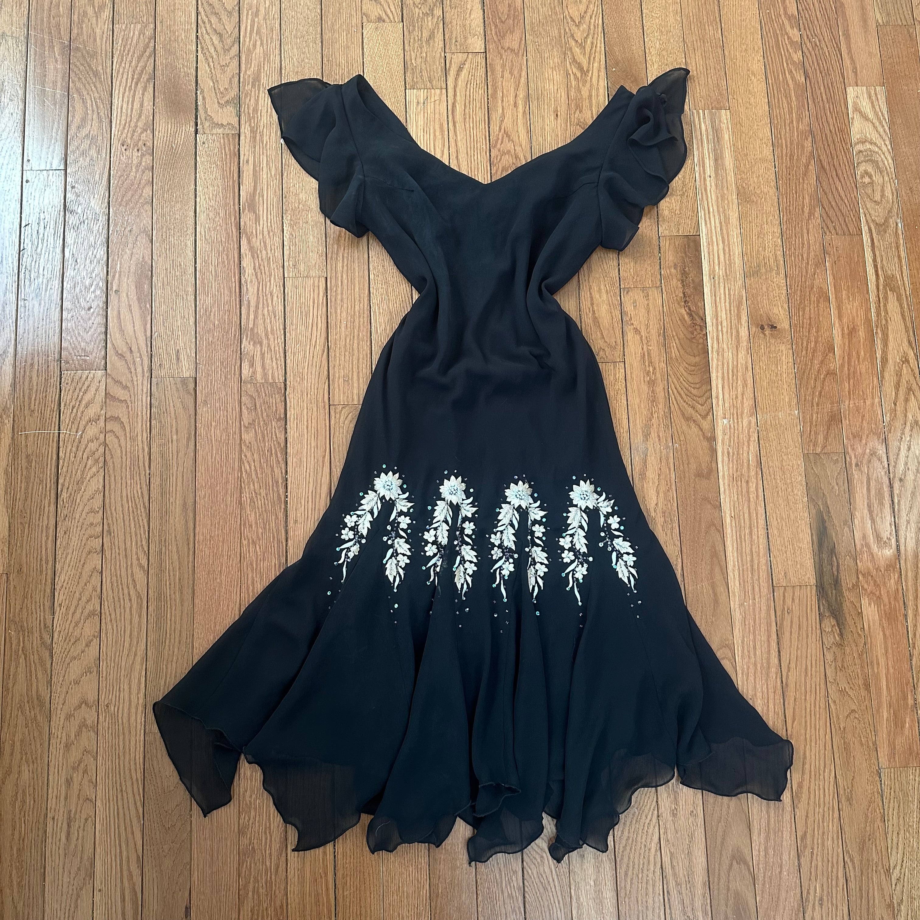 Vintage 2000s Black Flutter Sleeve Embroidered Mermaid Dress