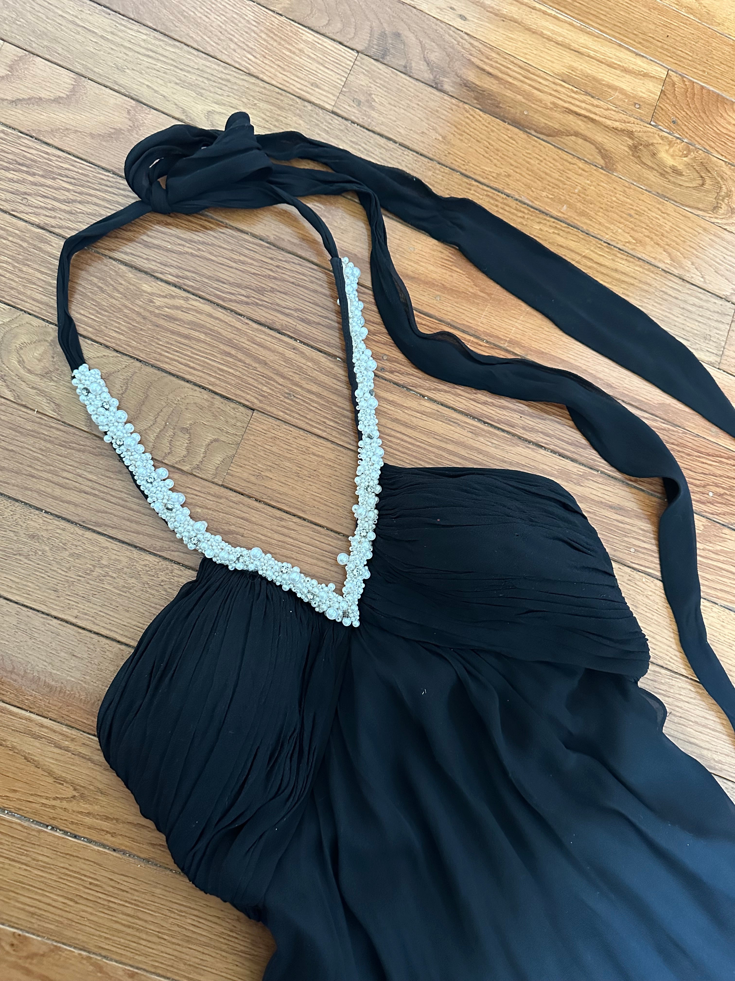 Vintage Black Silk-Feel Halter Dress with Faux Pearl Trim