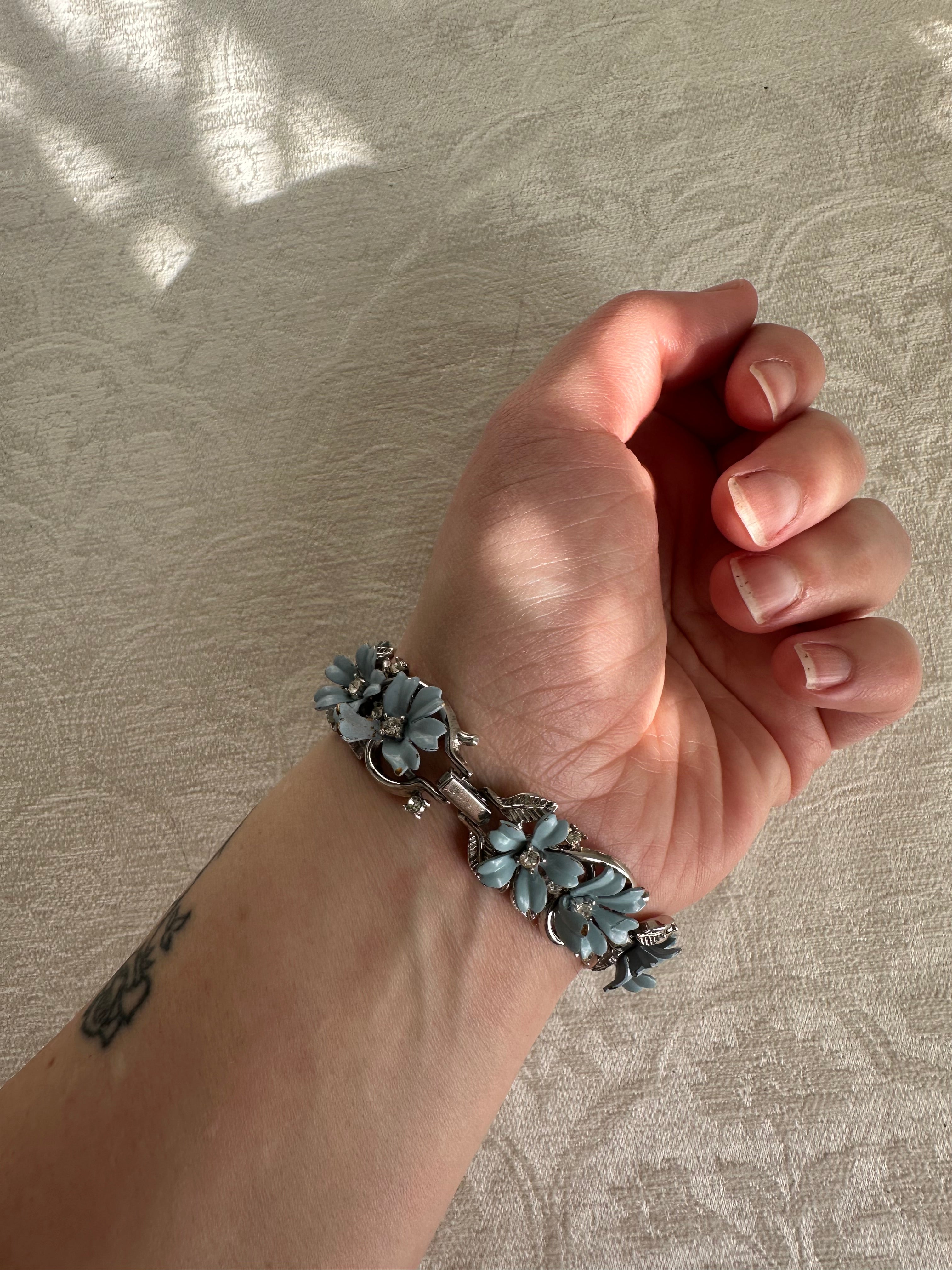 Vintage-Style Cornflower Blue Enamel Flower Bracelet with Silver Finish