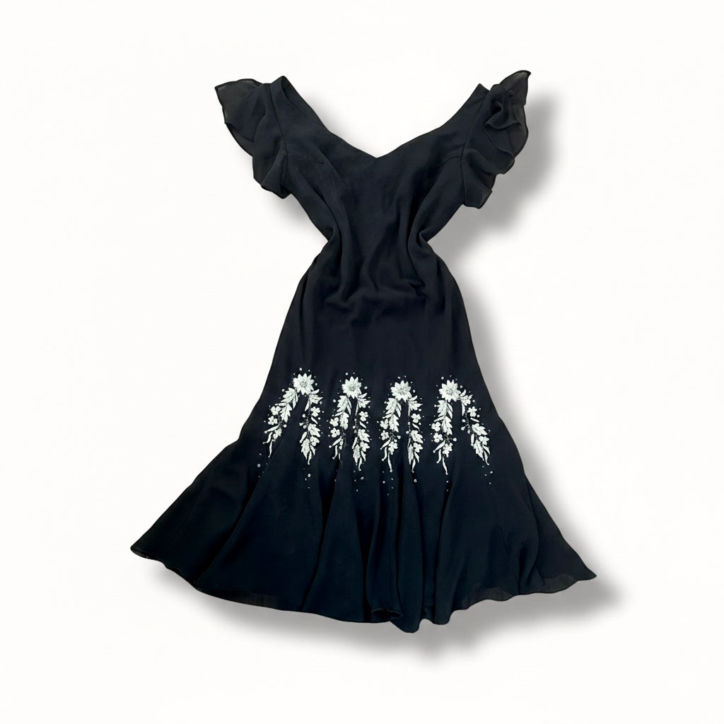 Vintage 2000s Black Flutter Sleeve Embroidered Mermaid Dress