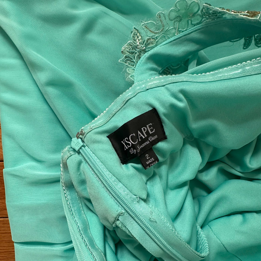 Vintage XSCAPE by Joanna Chen Seafoam Floral One-Shoulder Gown