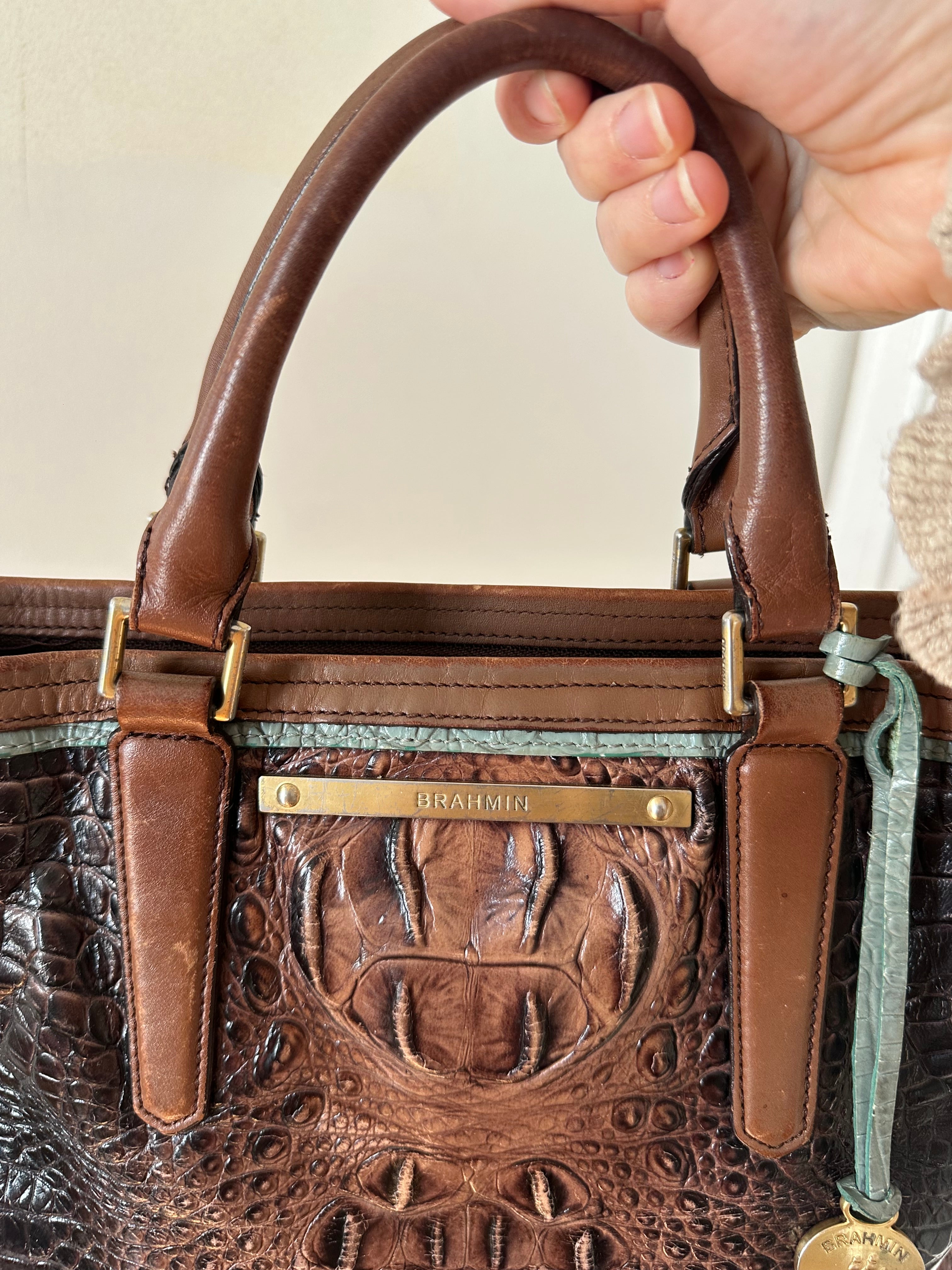 Brahmin Pecan Melbourne Crocodile-Embossed Leather Satchel with Crossbody Strap
