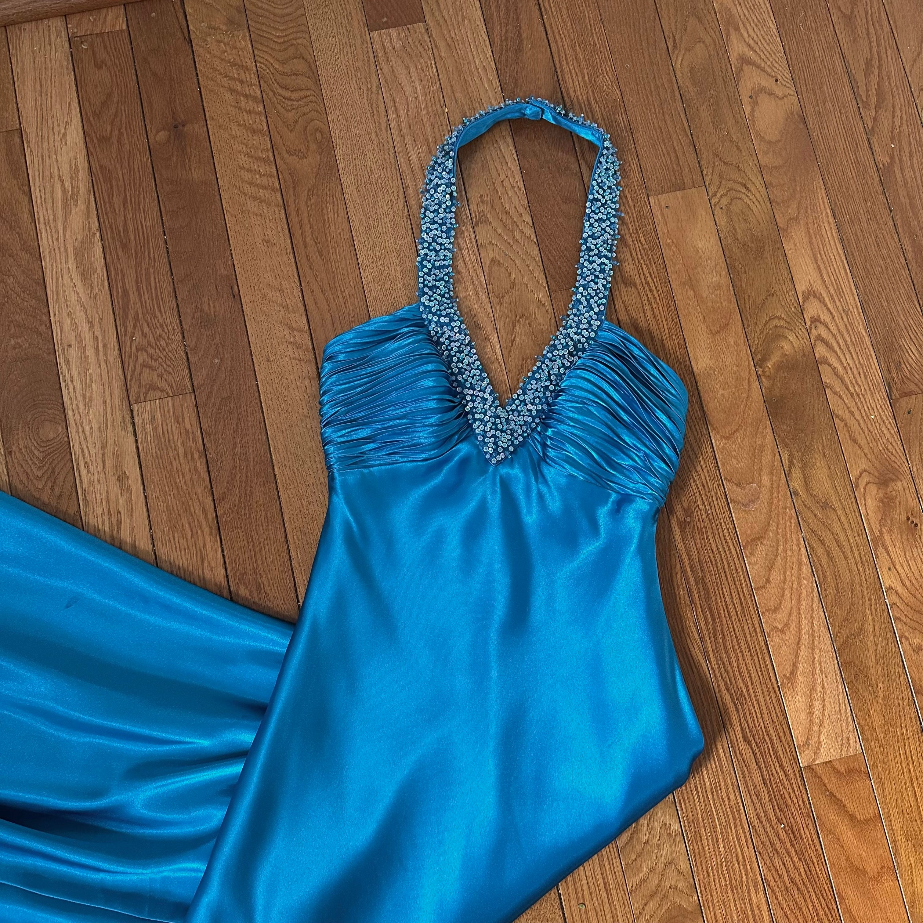 Vintage Morgan & Co. Cerulean Blue Beaded Halter Gown