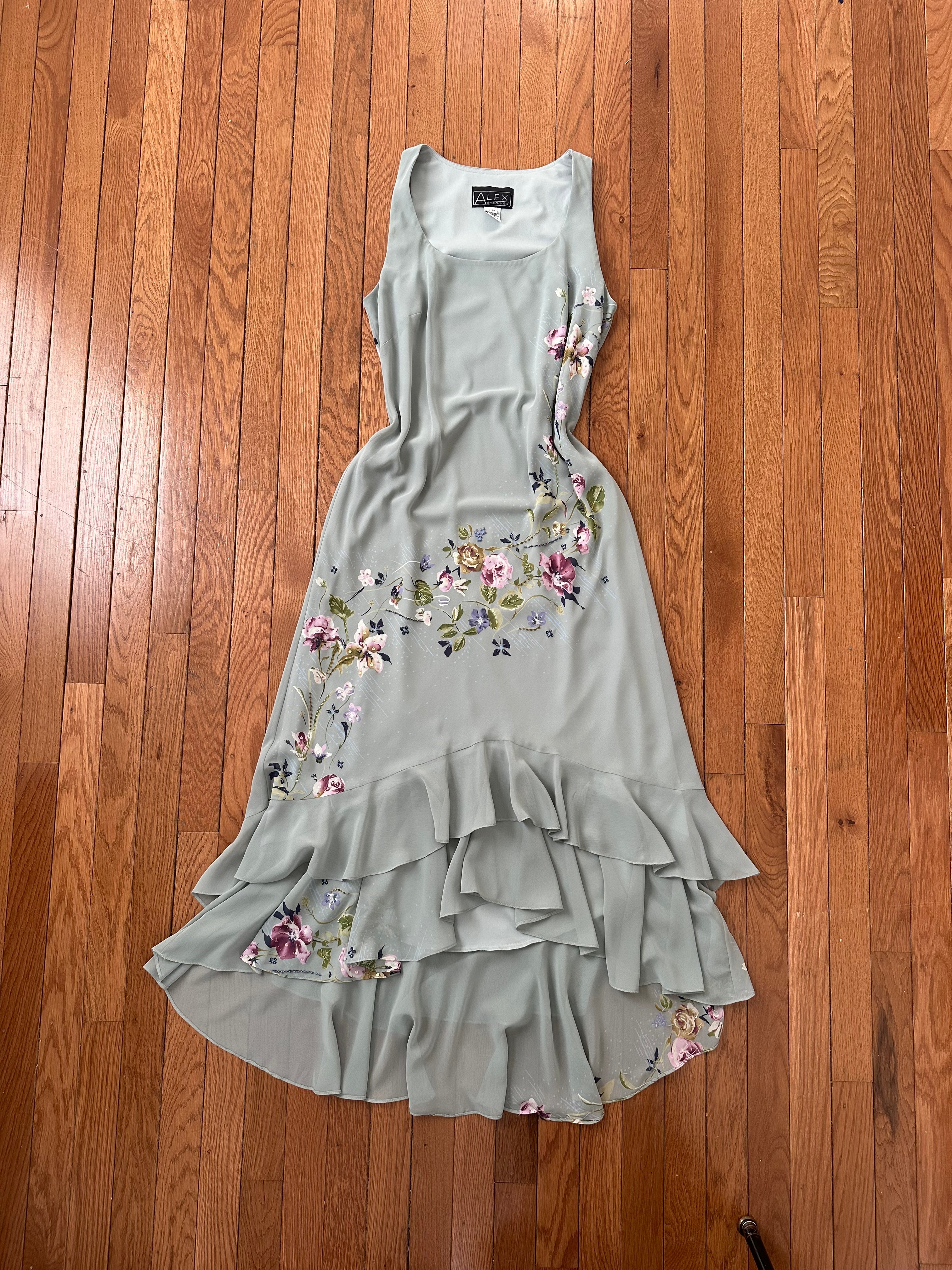 Sage Green Floral Embroidered Ruffle Tiered Midi Dress with Matching Wrap