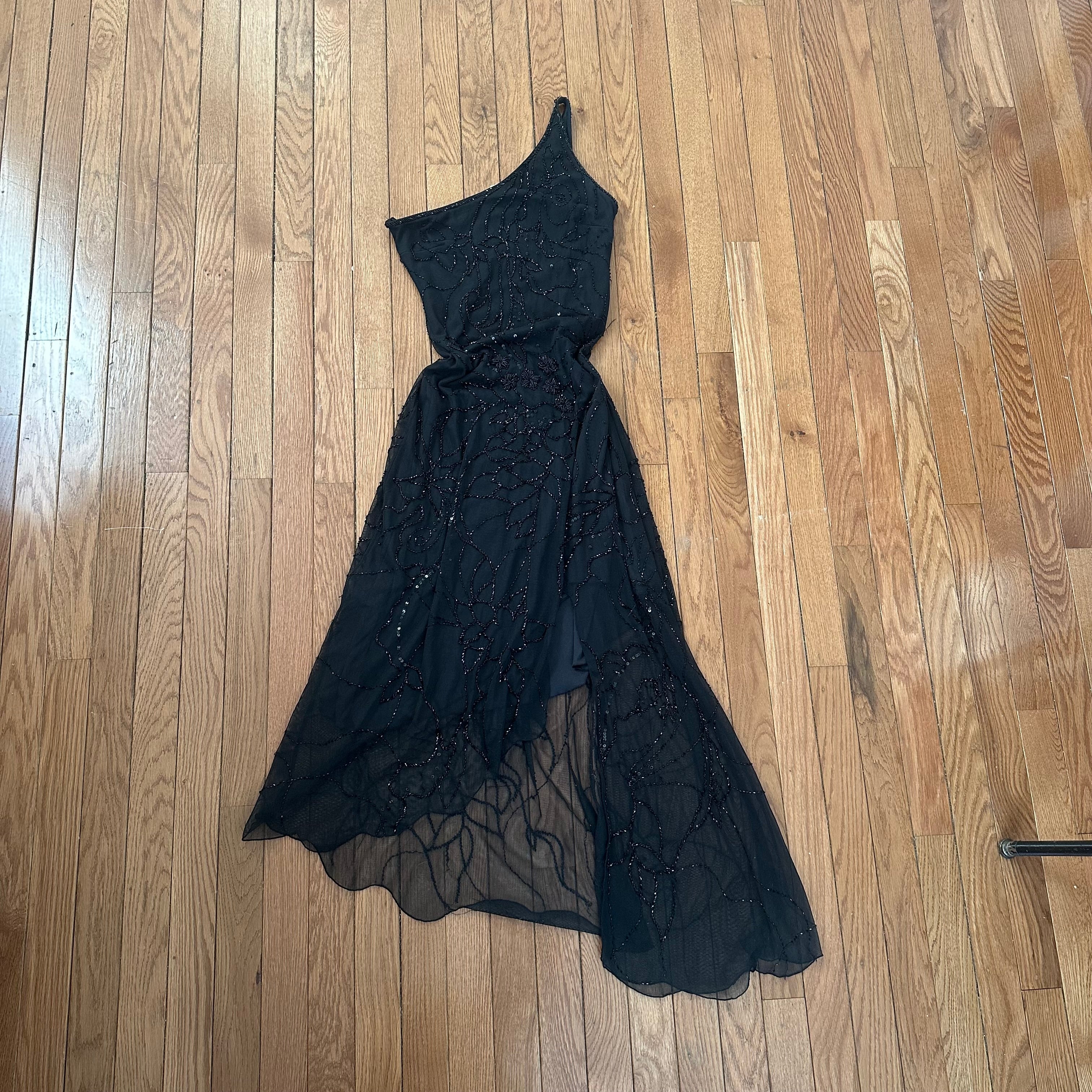 Vintage 2000s Black Beaded One-Shoulder Asymmetrical Gown