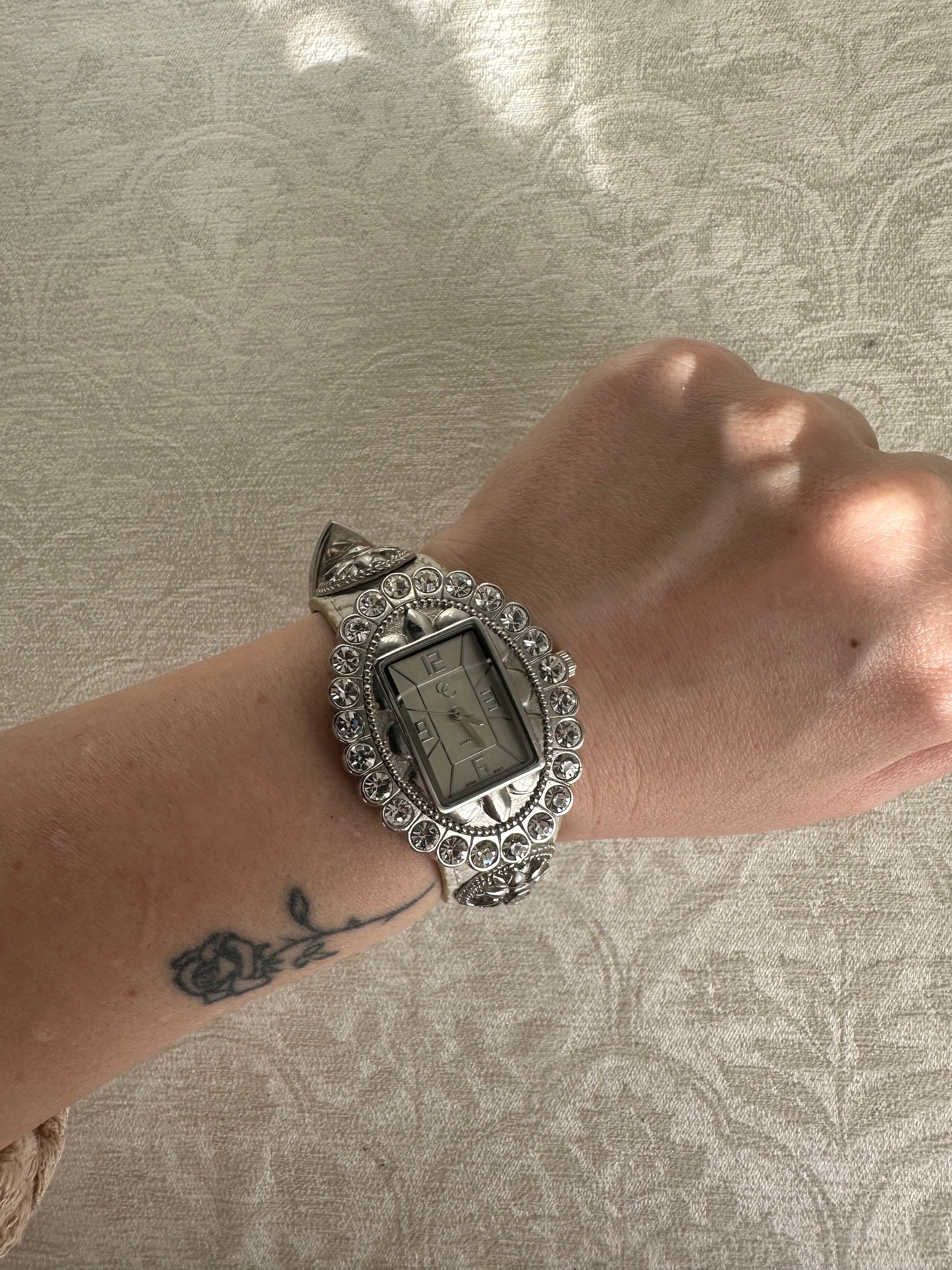 Art Deco Silver Crystal-Encrusted Oval Face Statement Watch