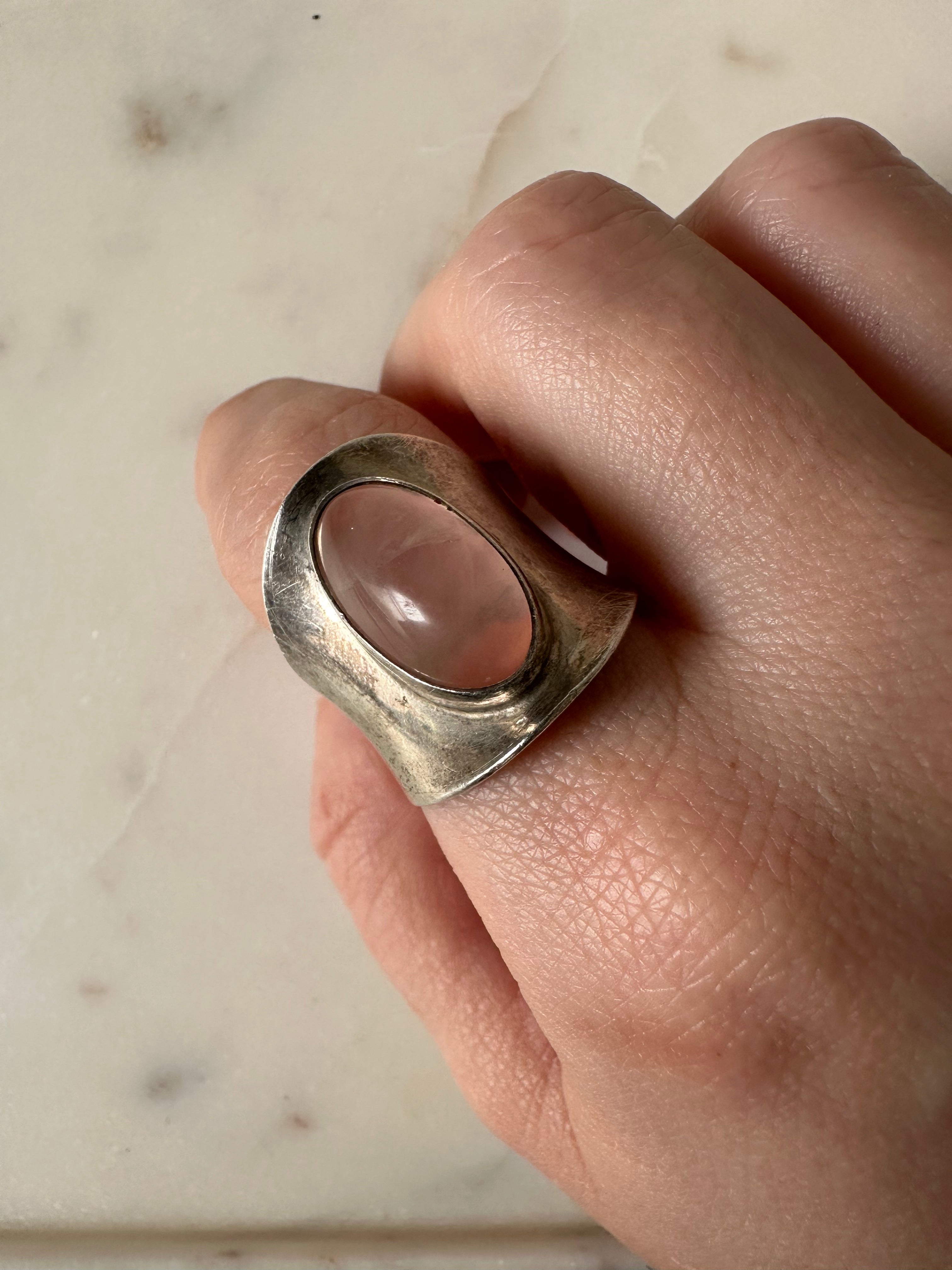 Vintage Sterling Rose Quartz Statement Ring (Adjustable Band)