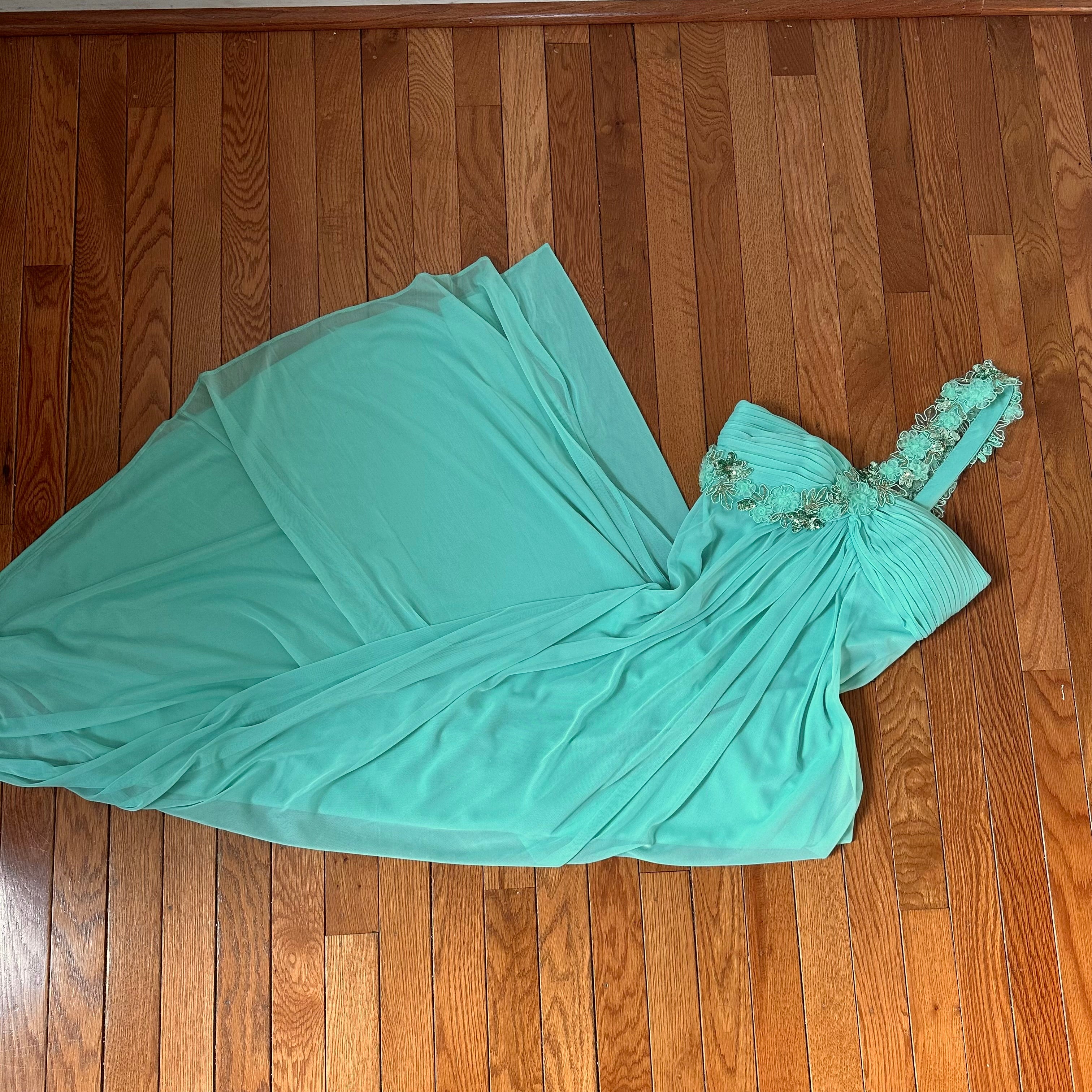 Vintage XSCAPE by Joanna Chen Seafoam Floral One-Shoulder Gown