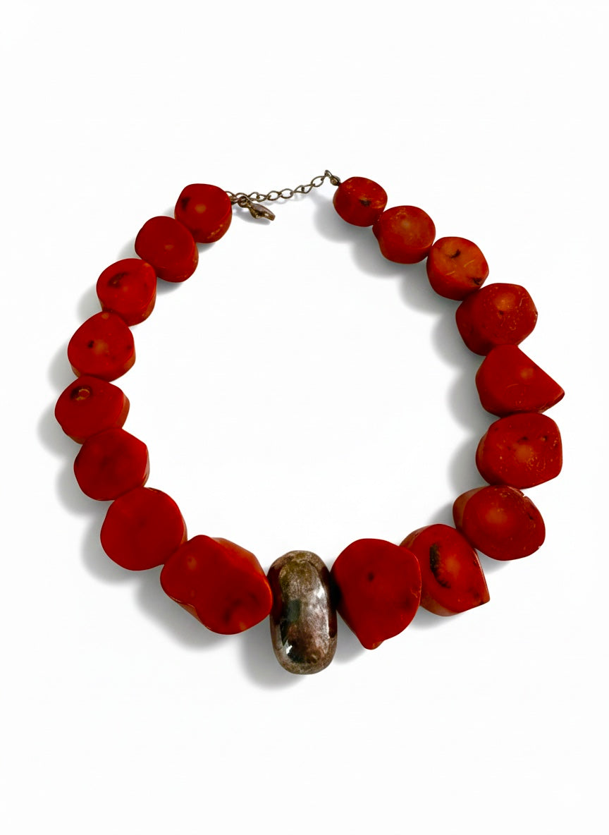 Vintage Bamboo Coral Drum Toggle Necklace