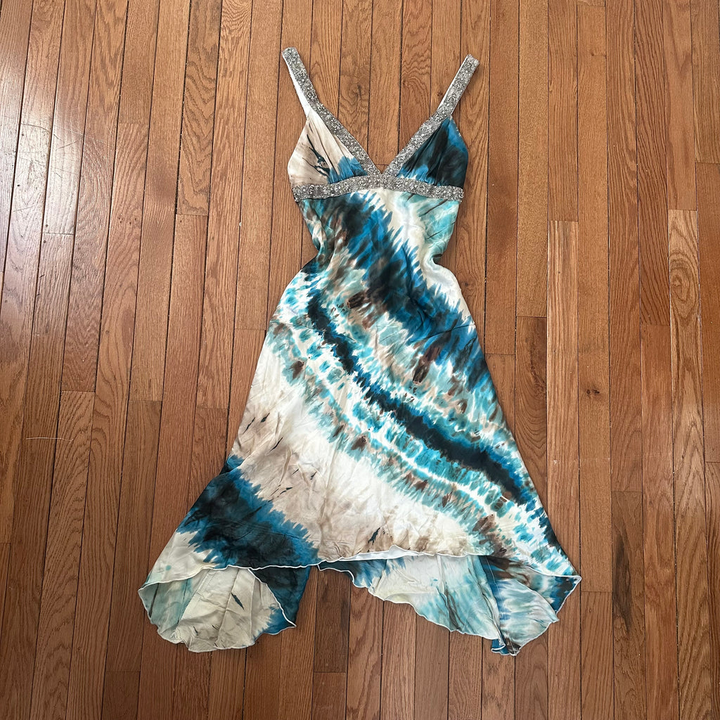 Vintage 2000s Beaded Aqua Tie-Dye Handkerchief Dress