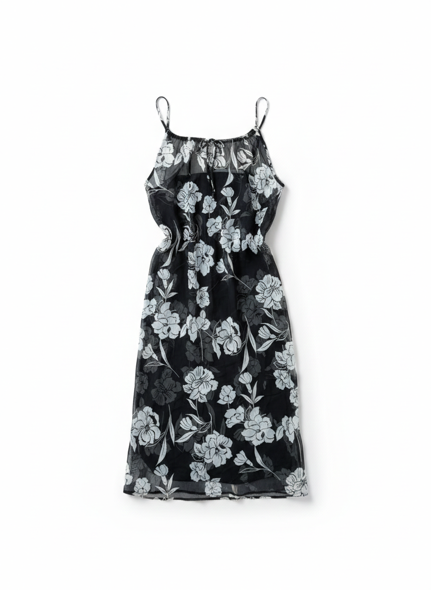 Noir & White Sheer Chiffon Floral Overlay Slip Dress