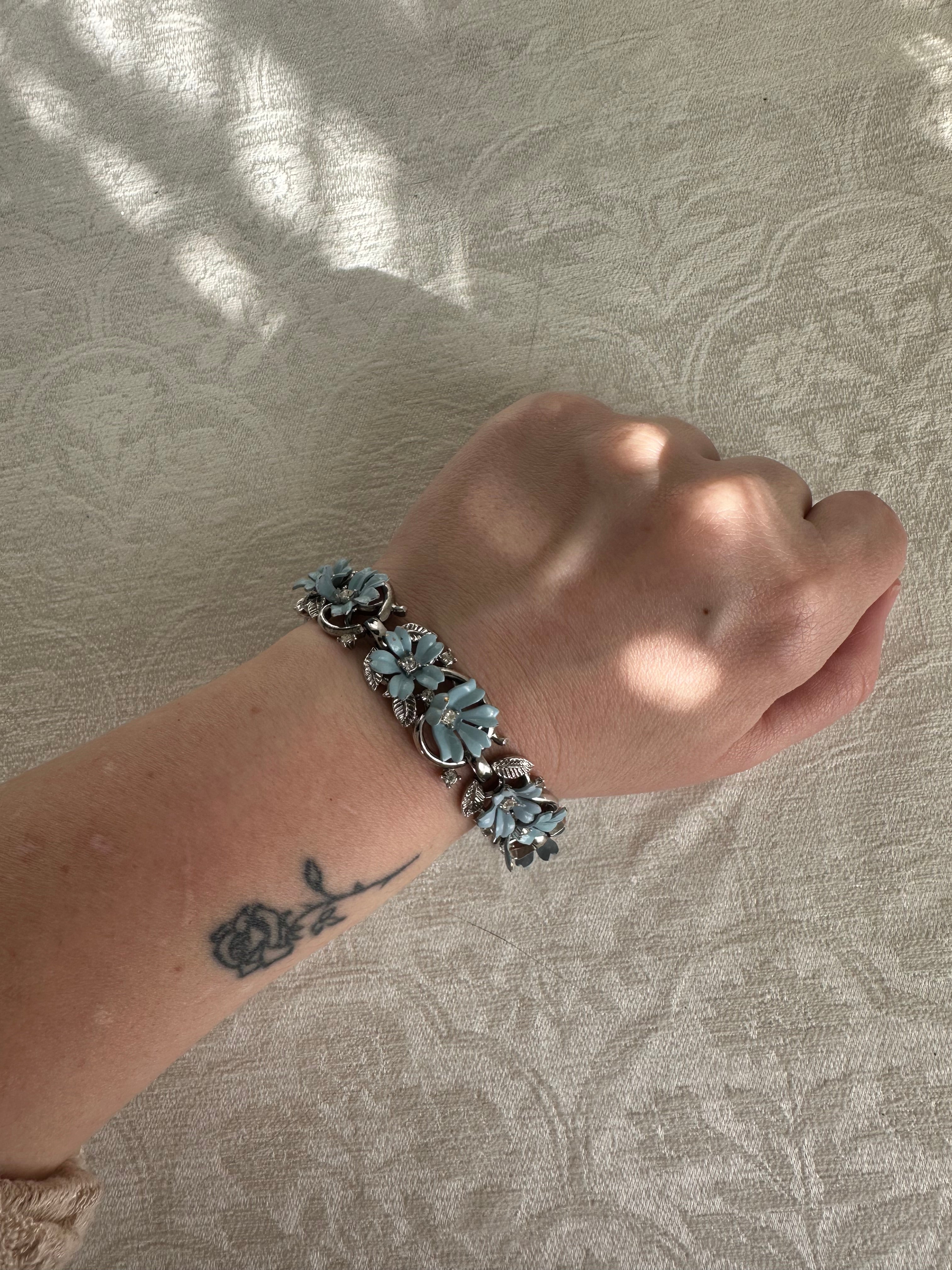 Vintage-Style Cornflower Blue Enamel Flower Bracelet with Silver Finish
