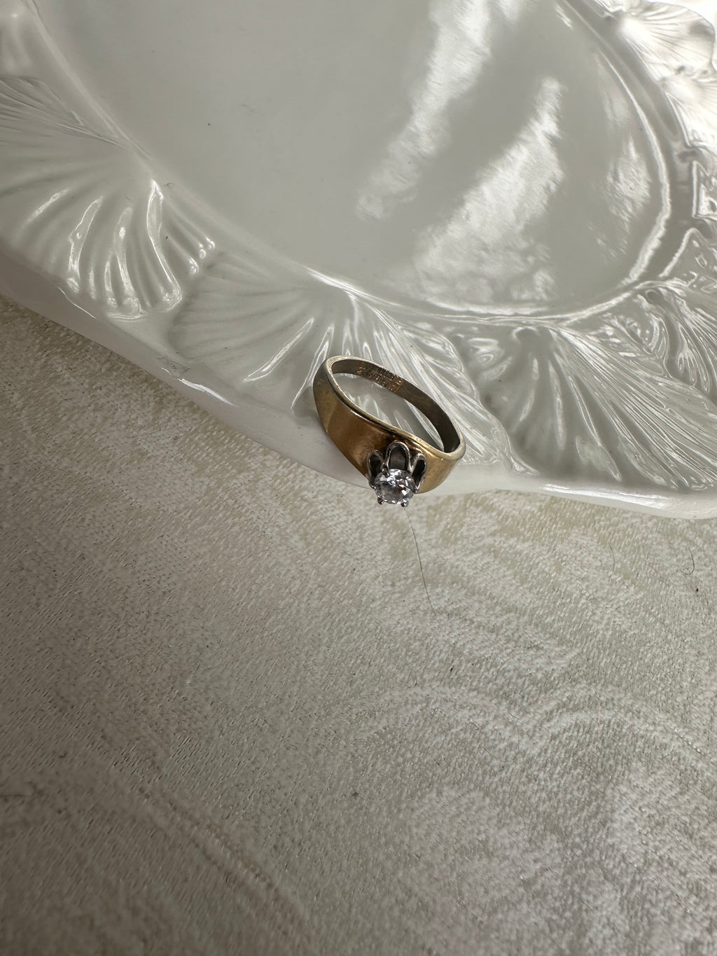 Antique Gold-Tone Solitaire Ring with Crown-Set Clear Crystal