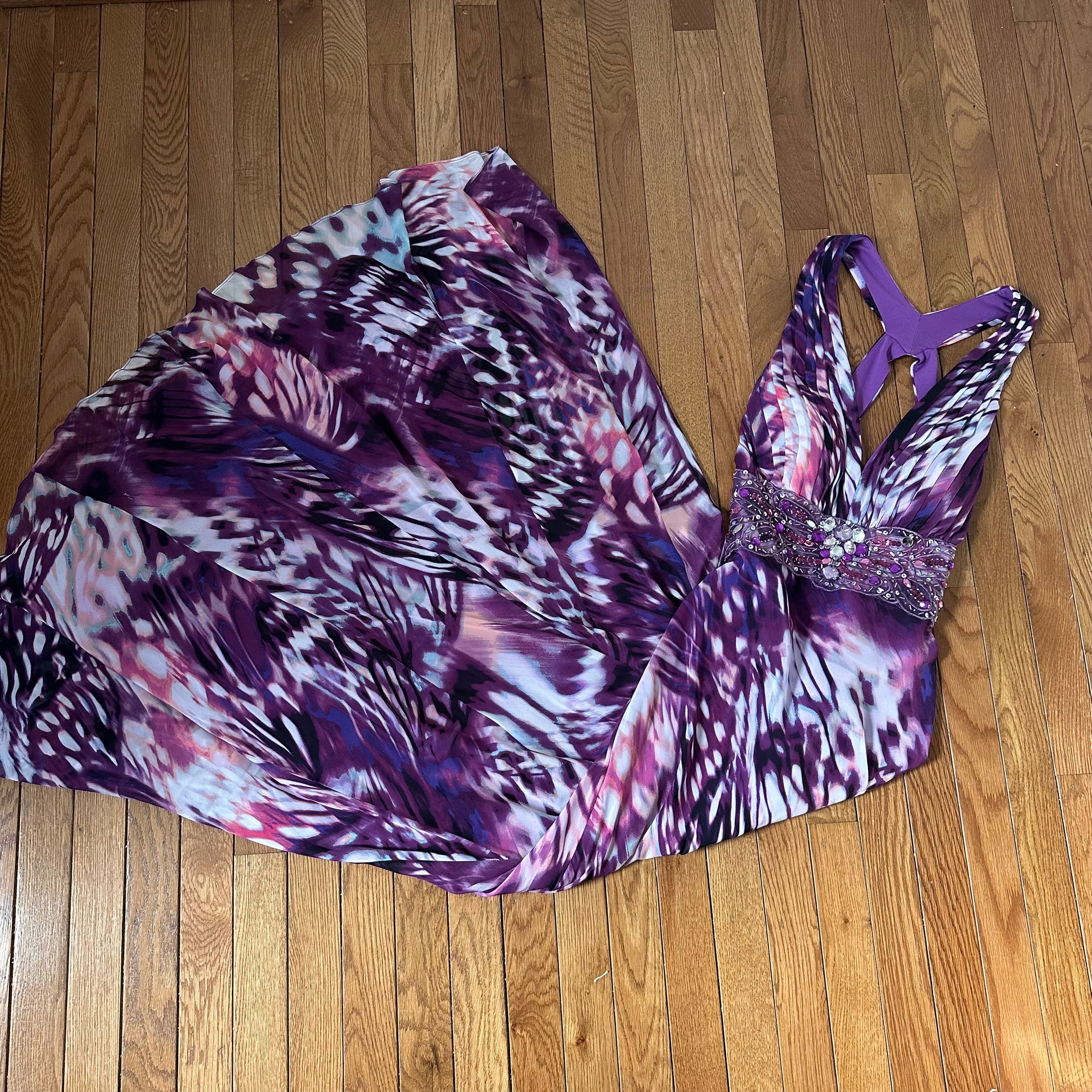 Vintage Y2K Butterfly Print Beaded Halter Gown